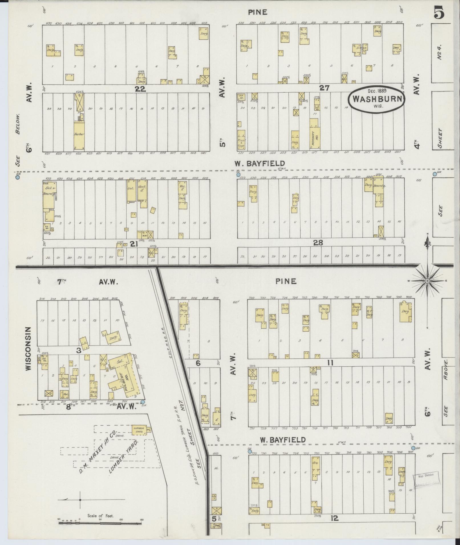 Sanborn Fire Insurance Map from Washburn, Bayfield County, Wisconsin (1889), Sheet #0005 - Complete Map Set gallery image, historic Sanborn map, vintage wall art, Wisconsin Wisconsin