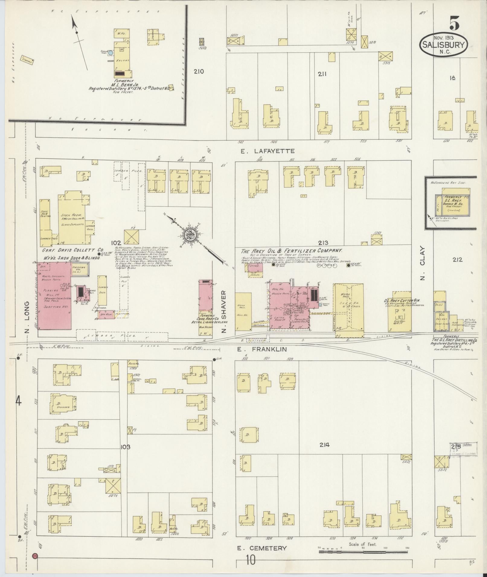 Sanborn Fire Insurance Map from Salisbury, Rowan County, North Carolina (1913), Sheet #0005 - Historic Sanborn Fire Insurance Map Print, vintage old map wall art, antique decor, genealogy gift, North Carolina North Carolina map