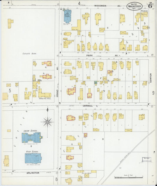 Sanborn Fire Insurance Map from Waukesha, Waukesha County, Wisconsin (1901), Sheet #0006 - Historic Sanborn Fire Insurance Map Print, vintage old map wall art, antique decor, genealogy gift, Wisconsin Wisconsin map
