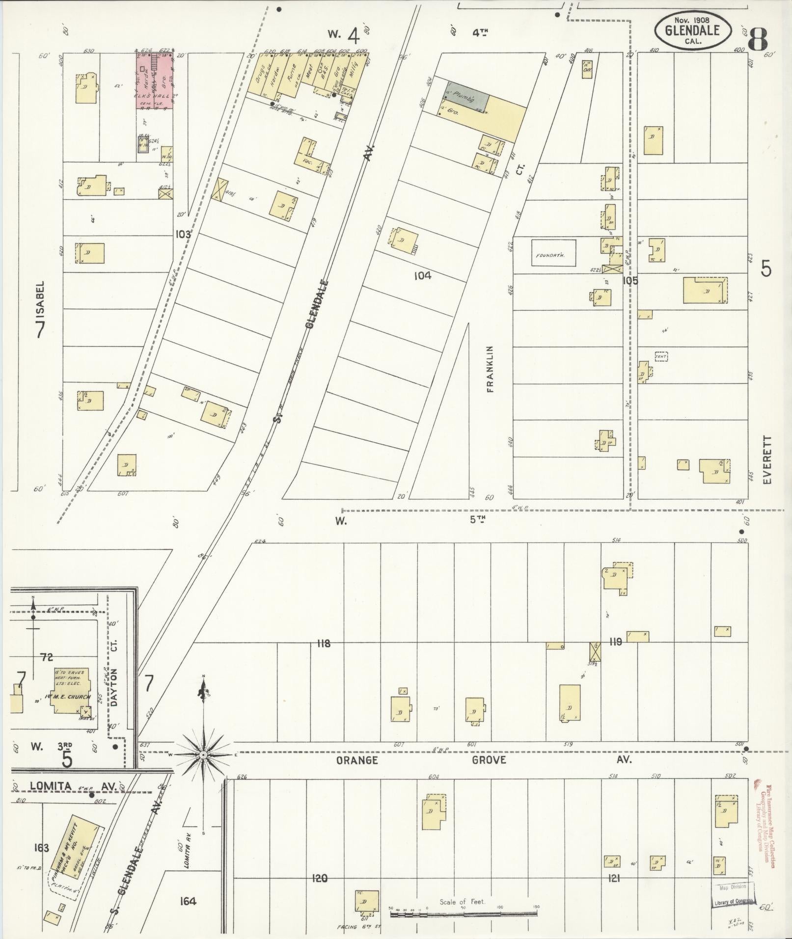 Sanborn Fire Insurance Map from Glendale, Los Angeles County, California (1908), Sheet #0008 - Historic Sanborn Fire Insurance Map Print, vintage old map wall art, antique decor, genealogy gift, California California map