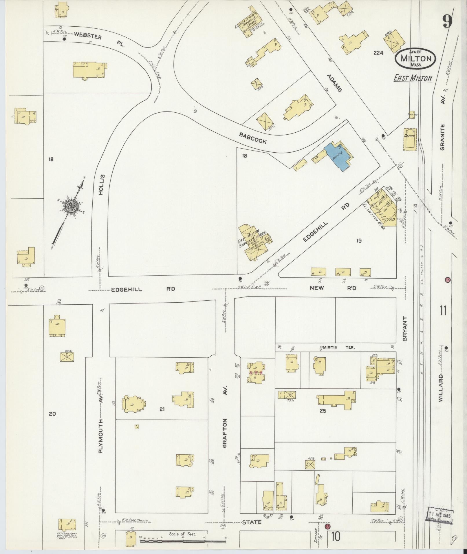 Sanborn Fire Insurance Map from Milton, Norfolk County, Massachusetts (1911), Sheet #0009 - Historic Sanborn Fire Insurance Map Print, vintage old map wall art, antique decor, genealogy gift, Massachusetts Massachusetts map
