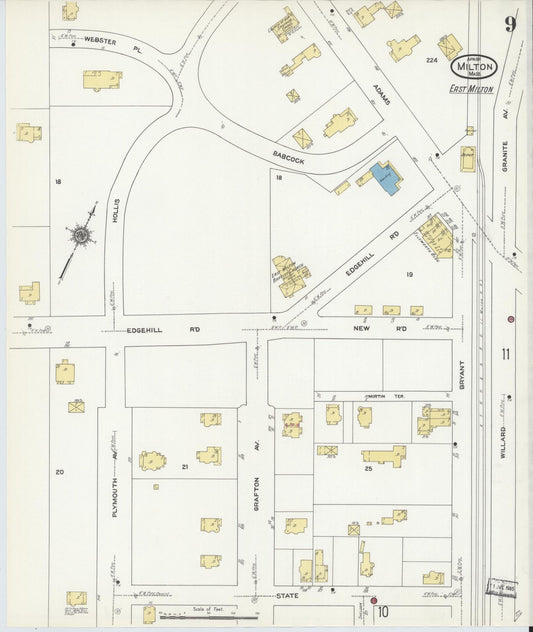Sanborn Fire Insurance Map from Milton, Norfolk County, Massachusetts (1911), Sheet #0009 - Historic Sanborn Fire Insurance Map Print, vintage old map wall art, antique decor, genealogy gift, Massachusetts Massachusetts map