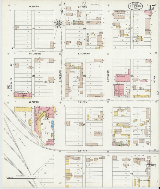 Sanborn Fire Insurance Map from El Paso, El Paso County, Texas (1898), Sheet #0017 - Historic Sanborn Fire Insurance Map Print, vintage old map wall art, antique decor, genealogy gift, Texas Texas map