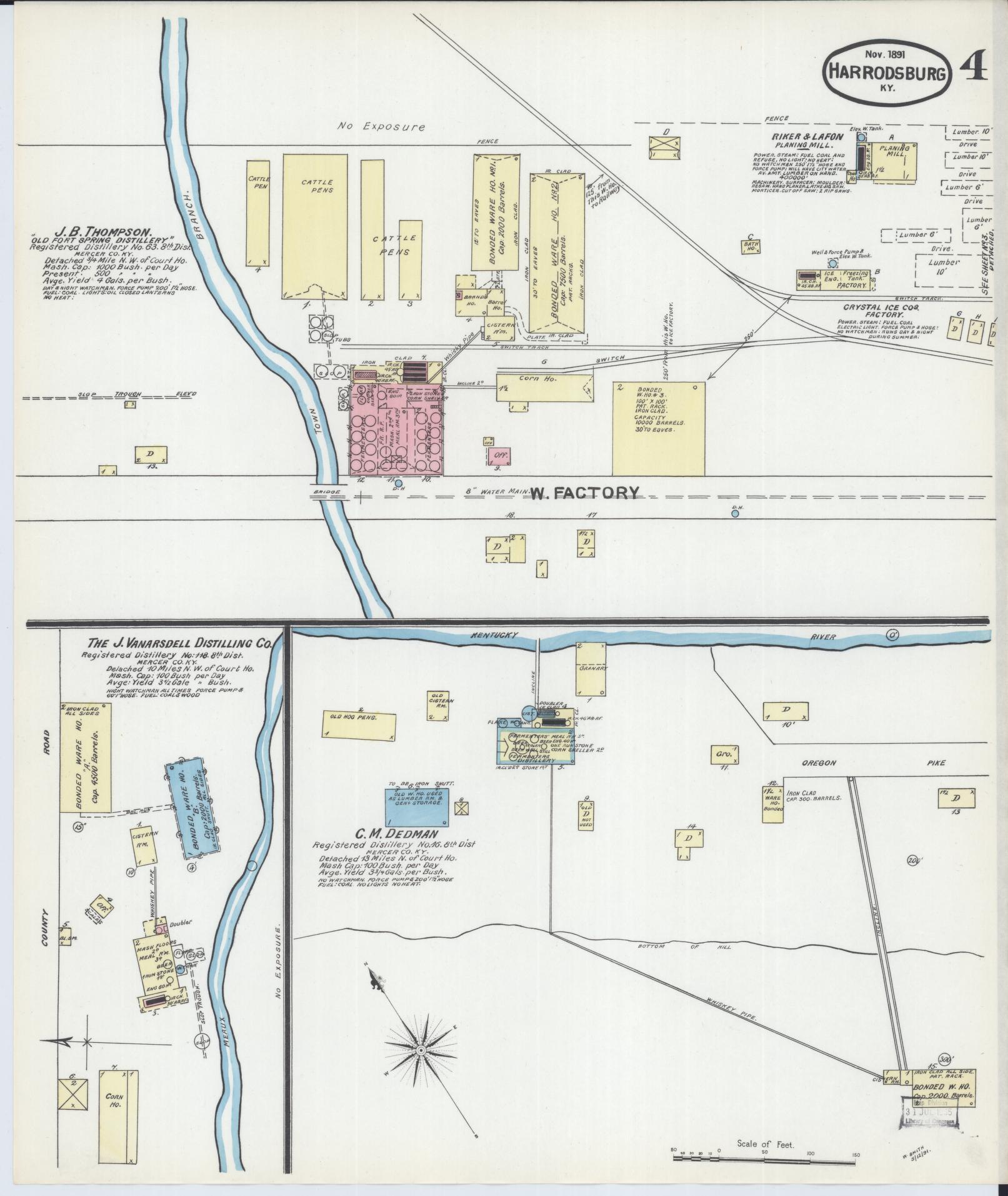 Sanborn Fire Insurance Map from Harrodsburg, Mercer County, Kentucky (1891), Sheet #0004 - Historic Sanborn Fire Insurance Map Print, vintage old map wall art, antique decor, genealogy gift, Kentucky Kentucky map