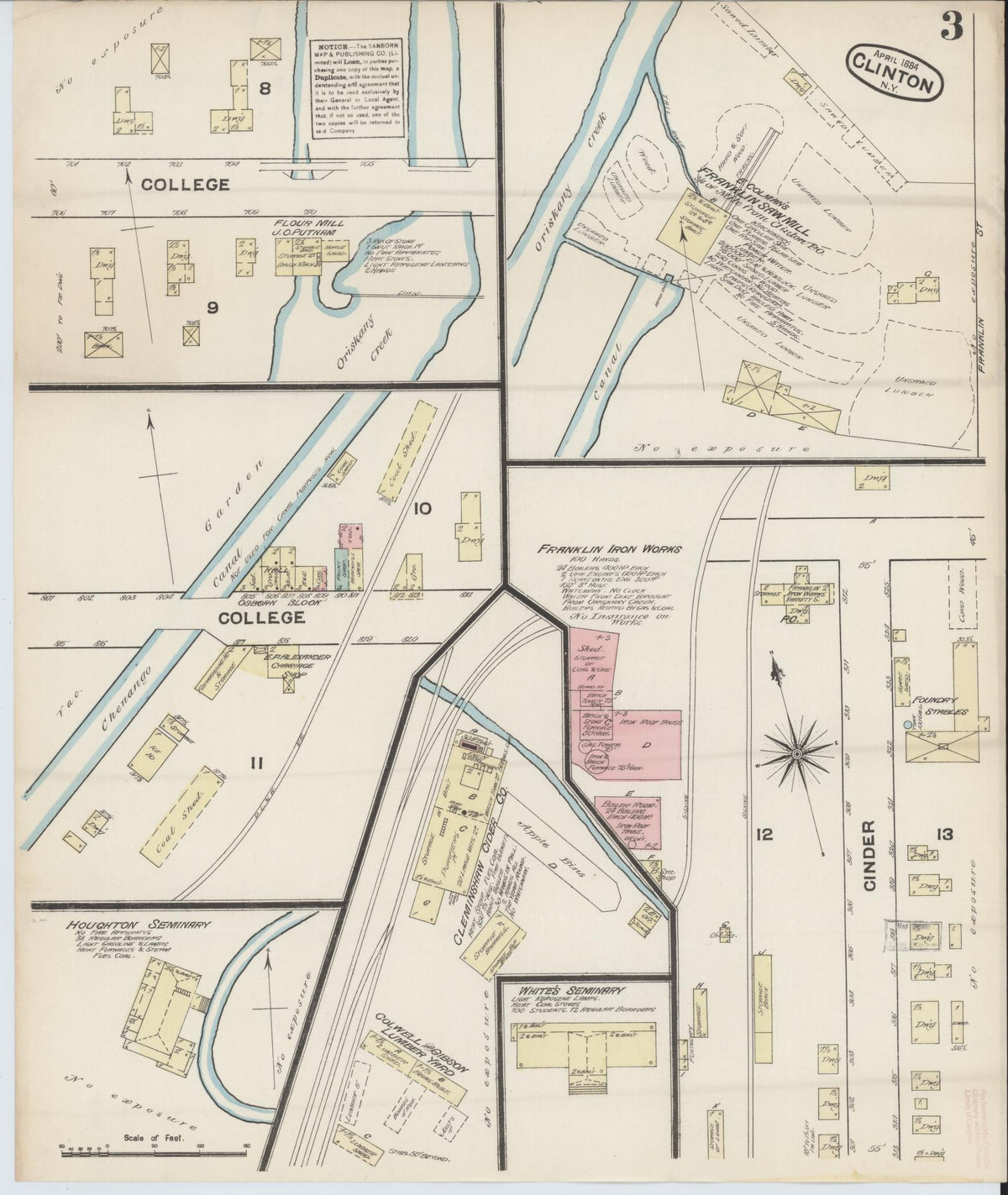Sanborn Fire Insurance Map from Clinton, Oneida County, New York (1884), Sheet #0003 - Historic Sanborn Fire Insurance Map Print, vintage old map wall art, antique decor, genealogy gift, New York New York map