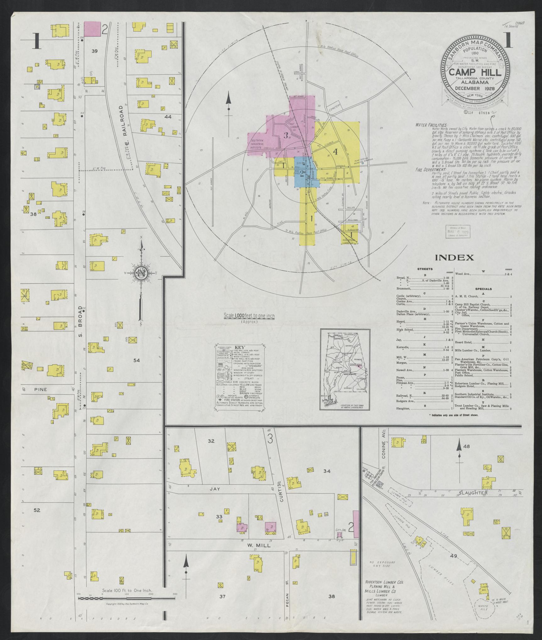 Sanborn Fire Insurance Map from Camp Hill, Tallapoosa County, Alabama (1928), Sheet #0001 - Historic Sanborn Fire Insurance Map Print, vintage old map wall art, antique decor, genealogy gift, Alabama Alabama map