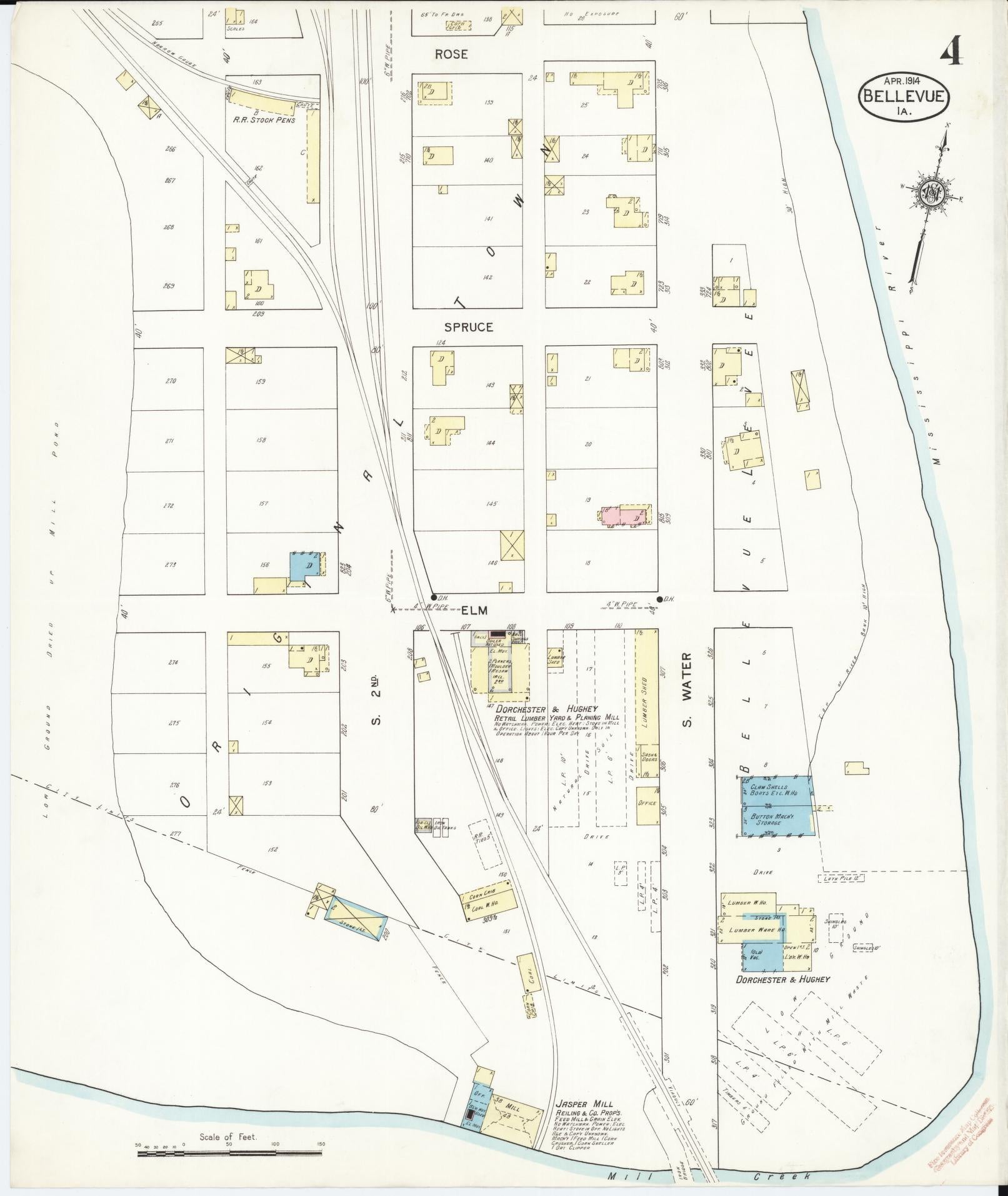 Sanborn Fire Insurance Map from Bellevue, Jackson County, Iowa (1914), Sheet #0004 - Historic Sanborn Fire Insurance Map Print, vintage old map wall art