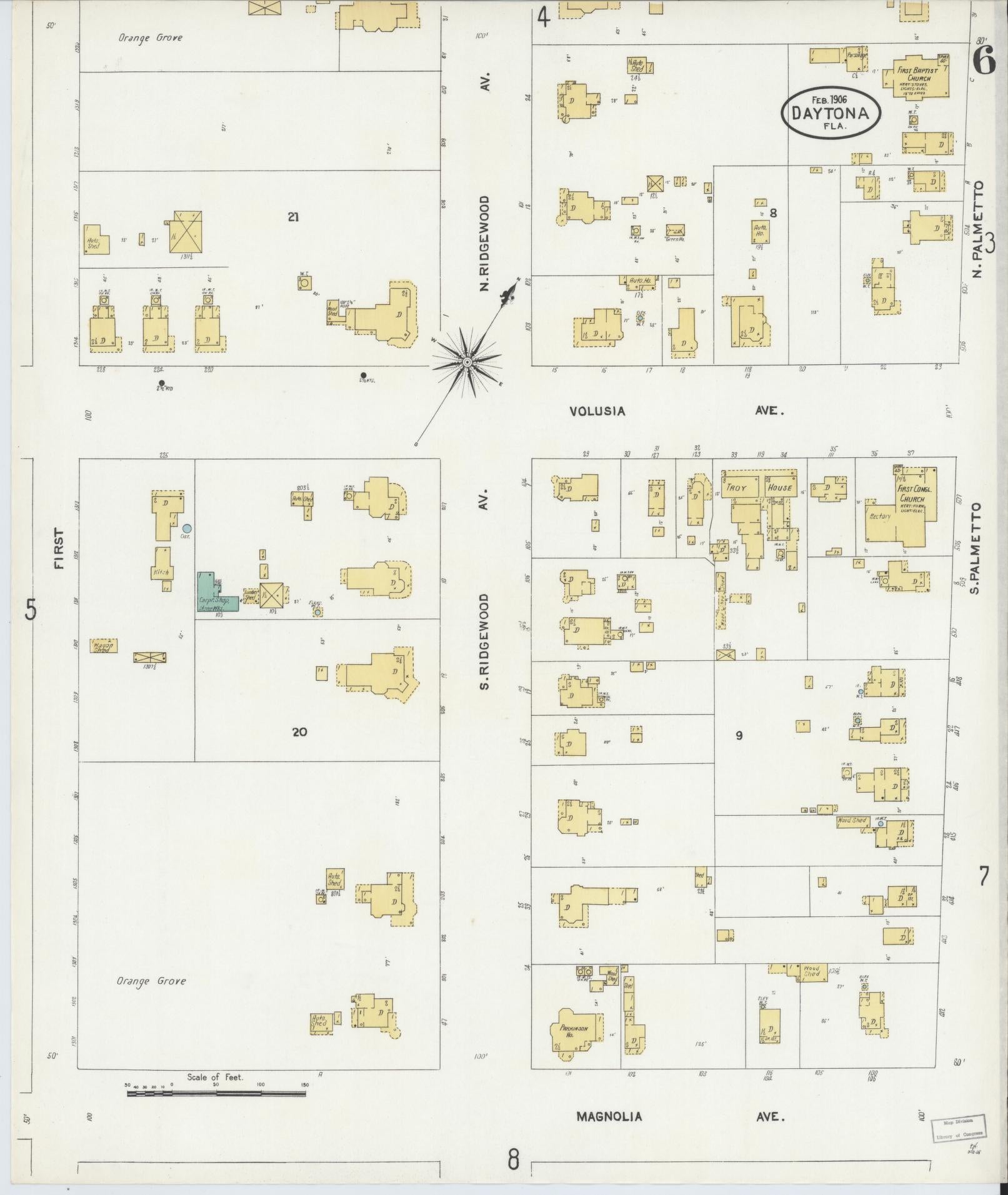 Sanborn Fire Insurance Map from Daytona, Volusia County, Florida (1906), Sheet #0006 - Historic Sanborn Fire Insurance Map Print, vintage old map wall art, antique decor, genealogy gift, Florida Florida map