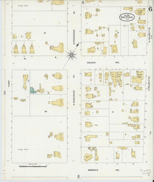 Sanborn Fire Insurance Map from Daytona, Volusia County, Florida (1906), Sheet #0006 - Historic Sanborn Fire Insurance Map Print, vintage old map wall art, antique decor, genealogy gift, Florida Florida map