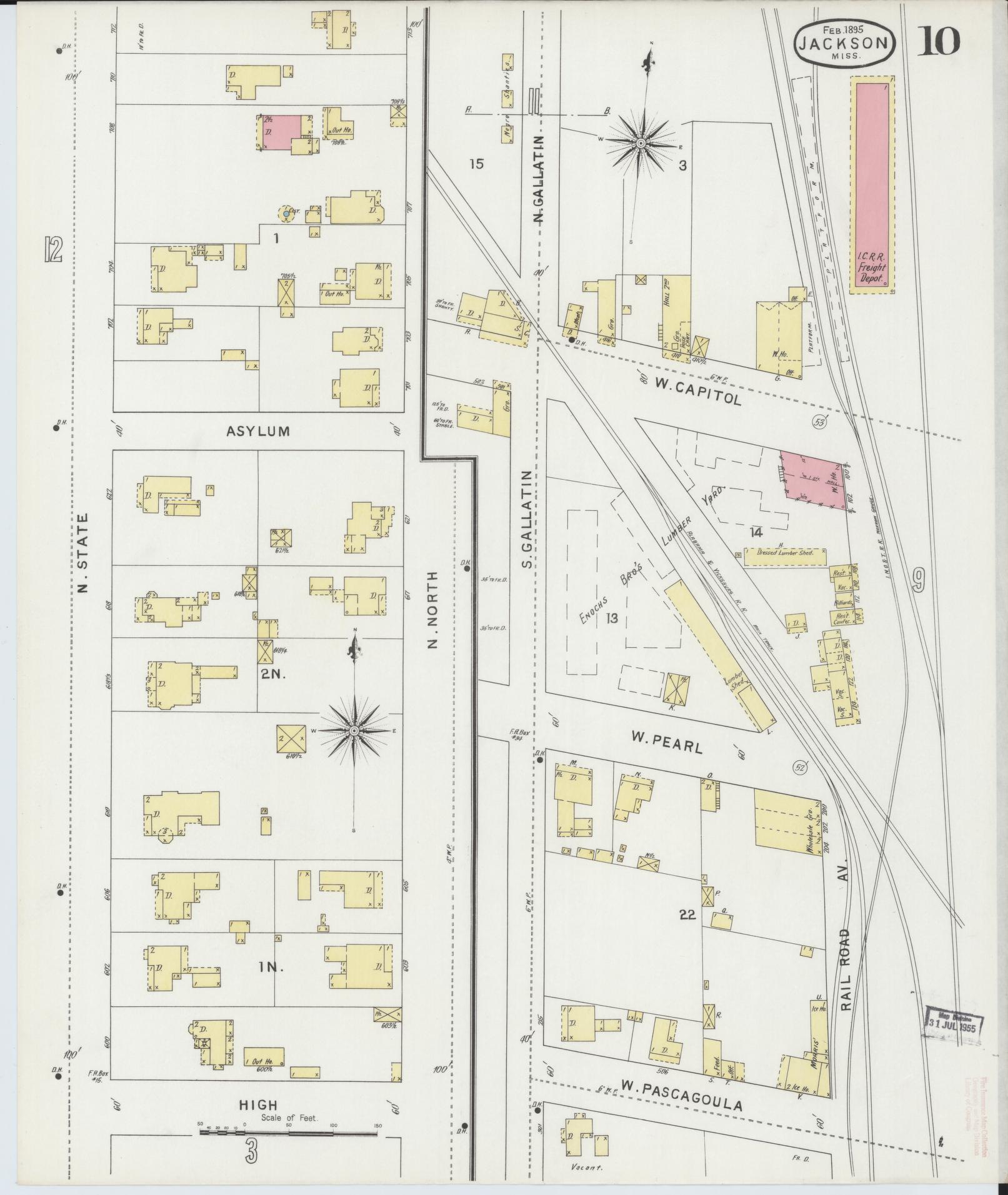 Sanborn Fire Insurance Map from Jackson, Hinds County, Mississippi (1895), Sheet #0010 - Historic Sanborn Fire Insurance Map Print, vintage old map wall art, antique decor, genealogy gift, Mississippi Mississippi map