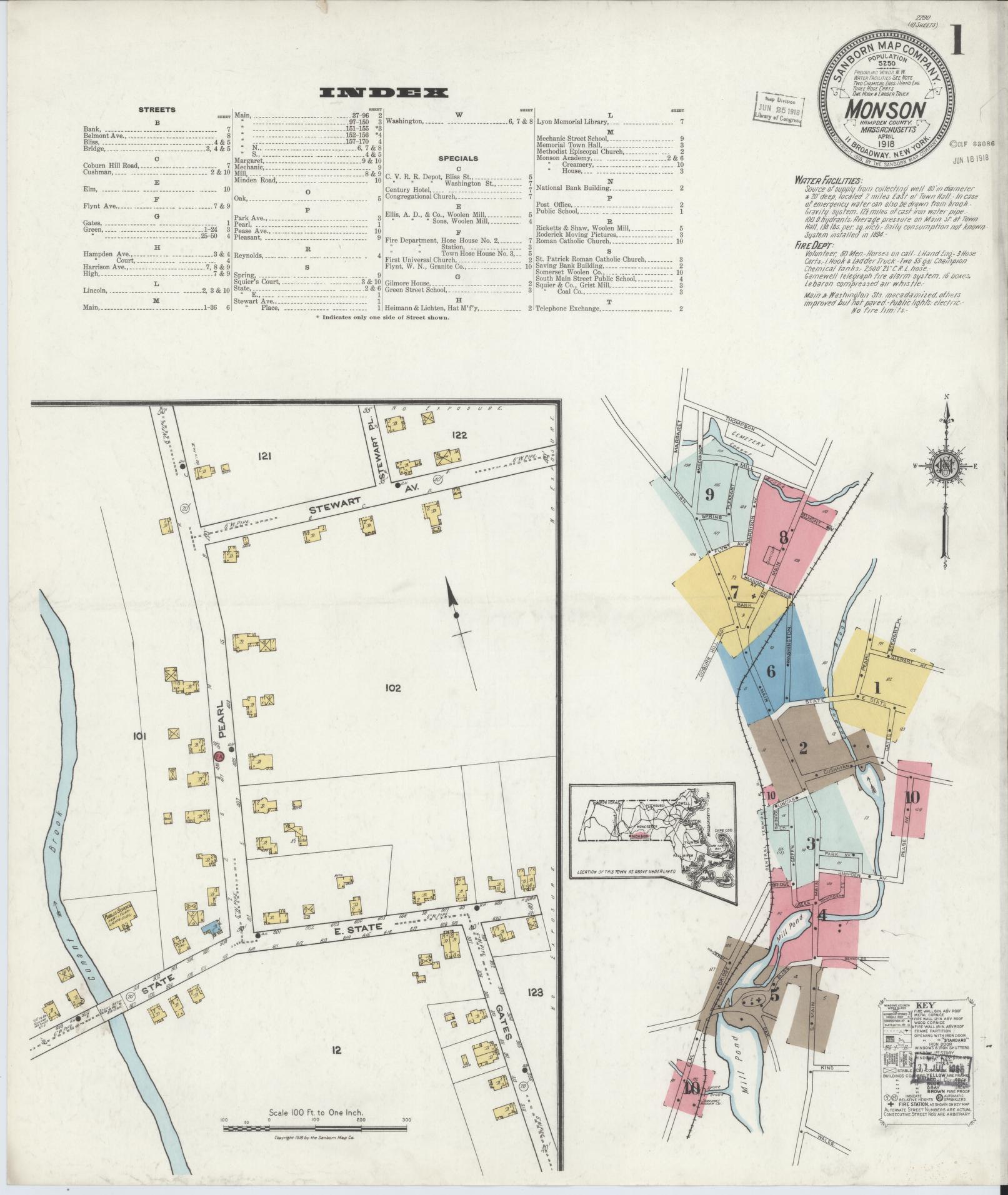 Sanborn Fire Insurance Map from Monson, Hampden County, Massachusetts (1918), Sheet #0001 - Complete Map Set gallery image, historic Sanborn map, vintage wall art, Massachusetts Massachusetts