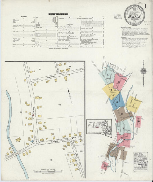 Sanborn Fire Insurance Map from Monson, Hampden County, Massachusetts (1918), Sheet #0001 - Complete Map Set gallery image, historic Sanborn map, vintage wall art, Massachusetts Massachusetts
