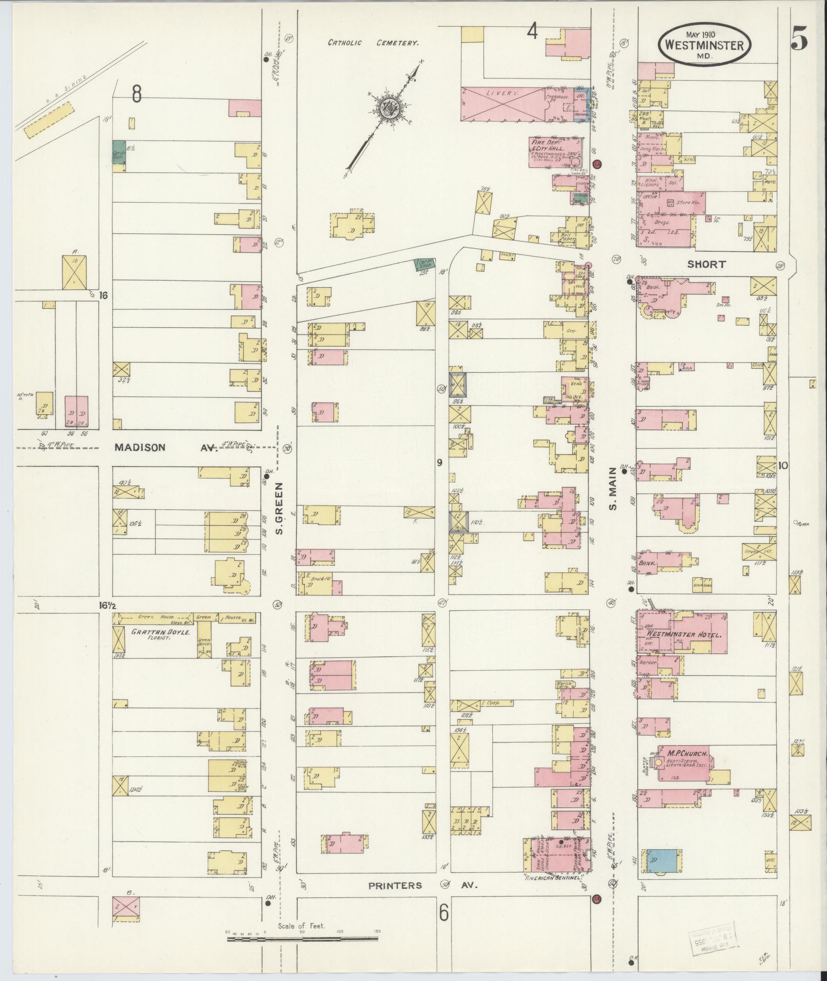 Sanborn Fire Insurance Map from Westminster, Carroll County, Maryland (1910), Sheet #0005 - Complete Map Set gallery image, historic Sanborn map, vintage wall art, Maryland Maryland