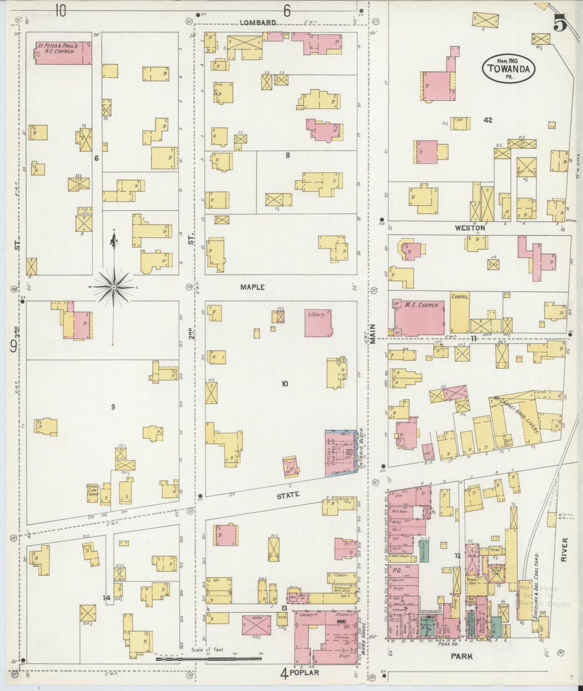 Sanborn Fire Insurance Map from Towanda, Bradford County, Pennsylvania (1903), Sheet #0005 - Historic Sanborn Fire Insurance Map Print, vintage old map wall art, antique decor, genealogy gift, Pennsylvania Pennsylvania map