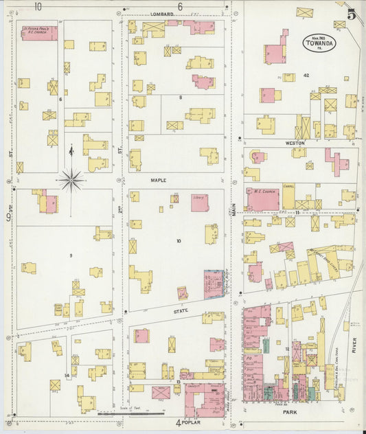 Sanborn Fire Insurance Map from Towanda, Bradford County, Pennsylvania (1903), Sheet #0005 - Historic Sanborn Fire Insurance Map Print, vintage old map wall art, antique decor, genealogy gift, Pennsylvania Pennsylvania map