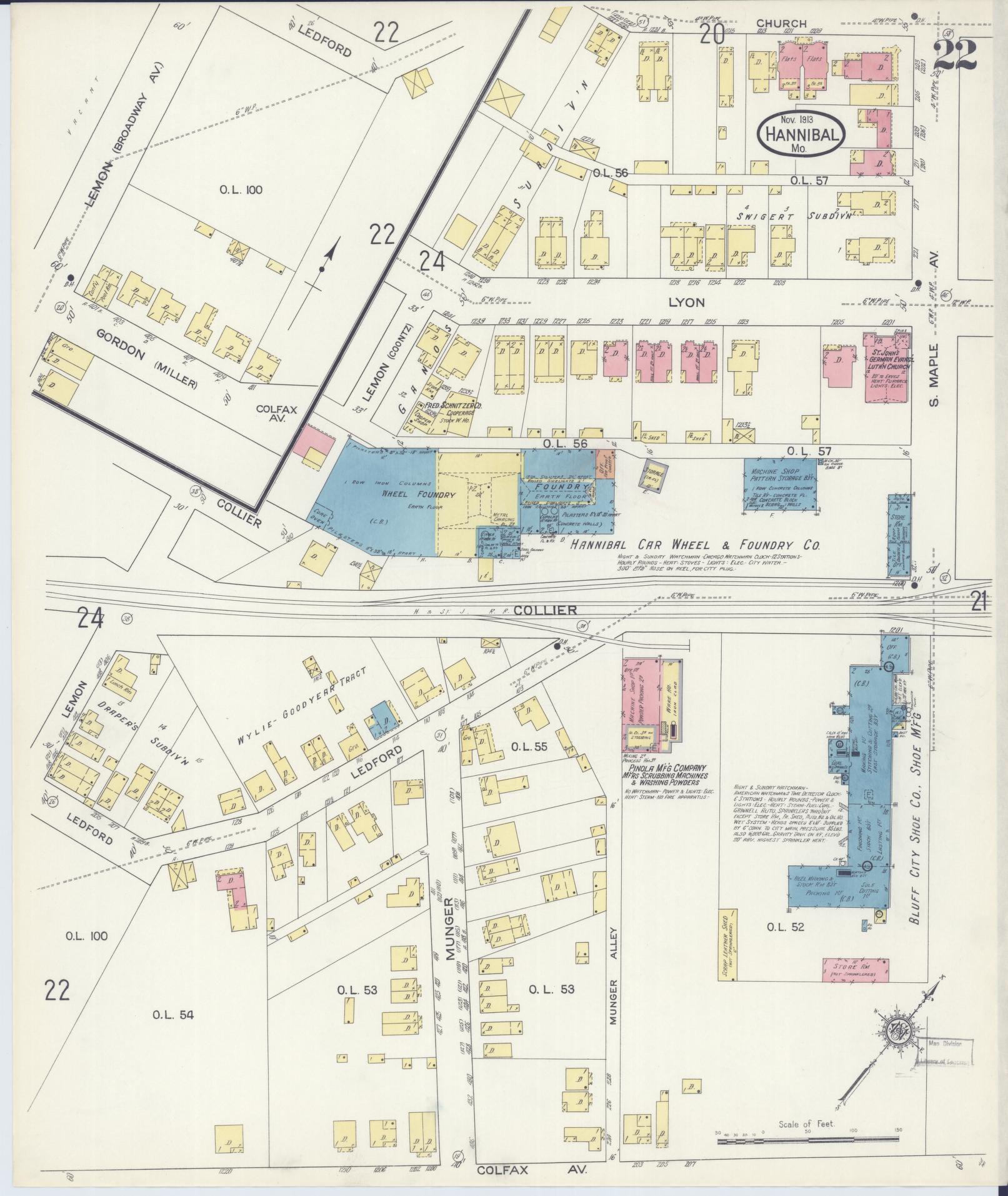 Sanborn Fire Insurance Map from Hannibal, Marion County, Missouri (1913), Sheet #0022 - Complete Map Set gallery image, historic Sanborn map, vintage wall art, Missouri Missouri