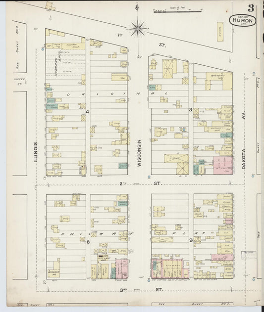 Sanborn Fire Insurance Map from Huron, Beadle County, South Dakota (1887), Sheet #0003 - Historic Sanborn Fire Insurance Map Print, vintage old map wall art, antique decor, genealogy gift, South Dakota South Dakota map
