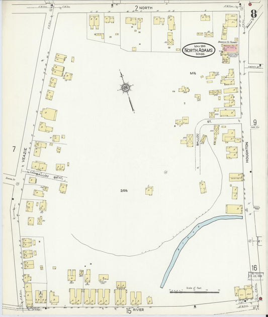 Sanborn Fire Insurance Map from North Adams, Berkshire County, Massachusetts (1914), Sheet #0008 - Historic Sanborn Fire Insurance Map Print, vintage old map wall art, antique decor, genealogy gift, Massachusetts Massachusetts map