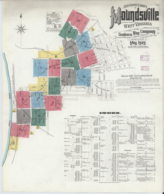 Sanborn Fire Insurance Map from Moundsville, Marshall County, West Virginia (1909), Sheet #0001 - Historic Sanborn Fire Insurance Map Print, vintage old map wall art, antique decor, genealogy gift, West Virginia West Virginia map