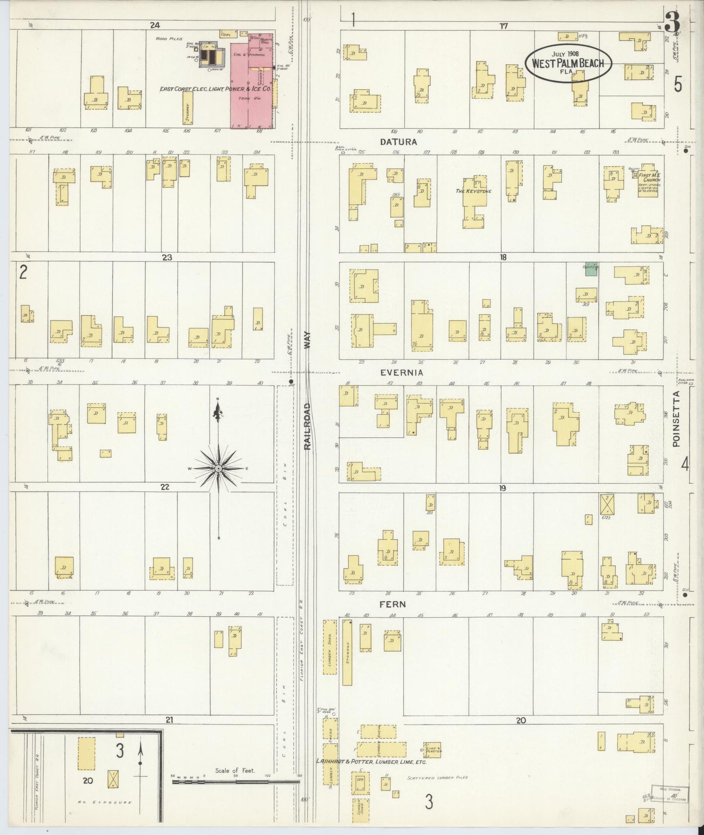 Sanborn Fire Insurance Map from West Palm Beach, Dade County, Florida (1908), Sheet #0003 - Historic Sanborn Fire Insurance Map Print, vintage old map wall art, antique decor, genealogy gift, Florida Florida map
