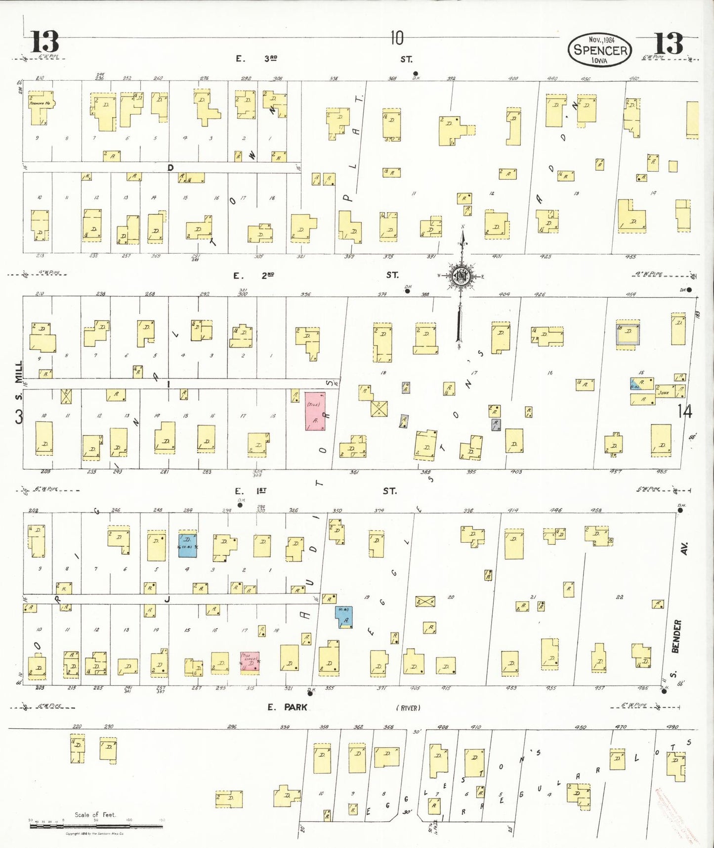 Sanborn Fire Insurance Map from Spencer, Clay County, Iowa (1924), Sheet #0013 - Historic Sanborn Fire Insurance Map Print, vintage old map wall art