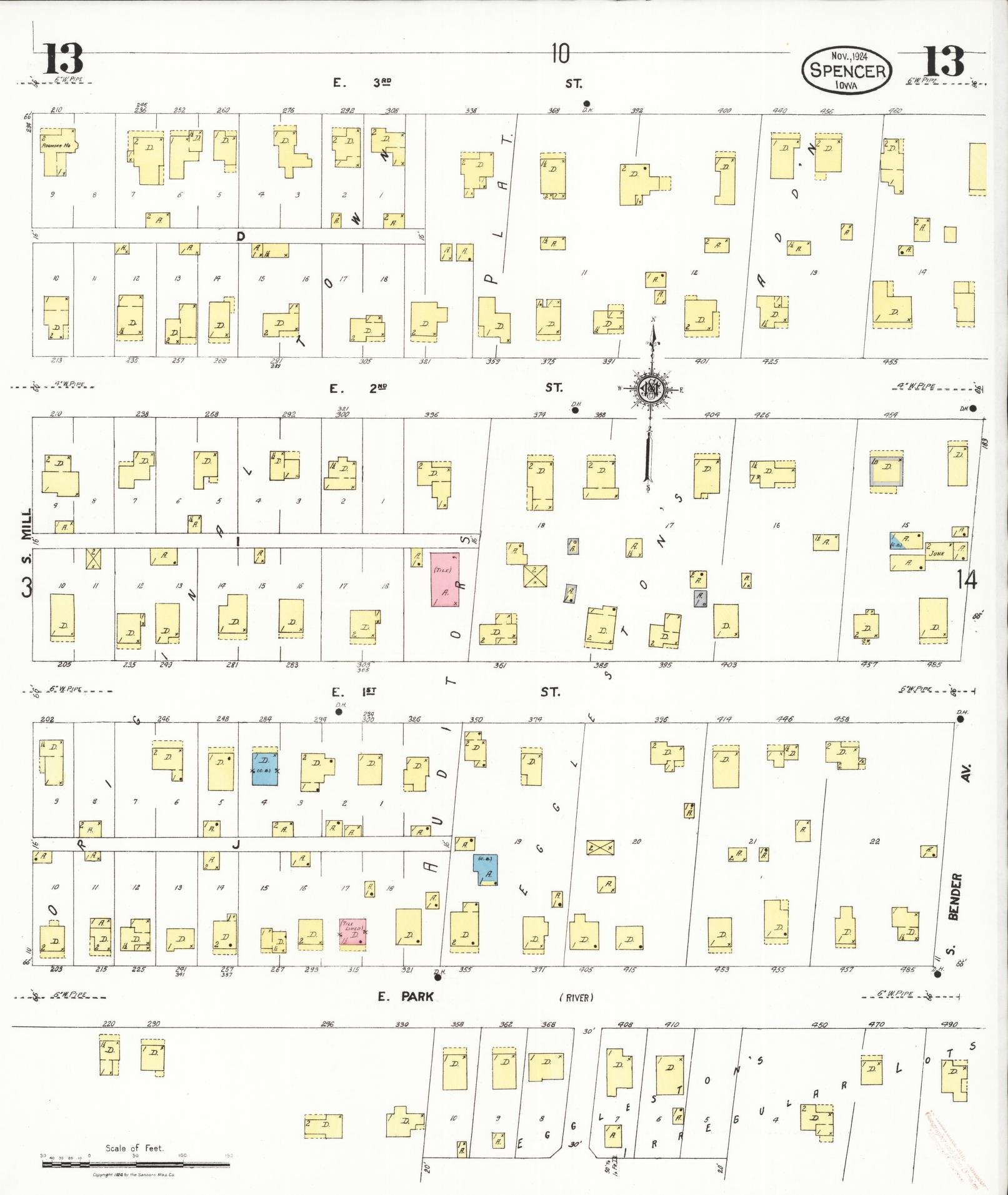 Sanborn Fire Insurance Map from Spencer, Clay County, Iowa (1924), Sheet #0013 - Historic Sanborn Fire Insurance Map Print, vintage old map wall art