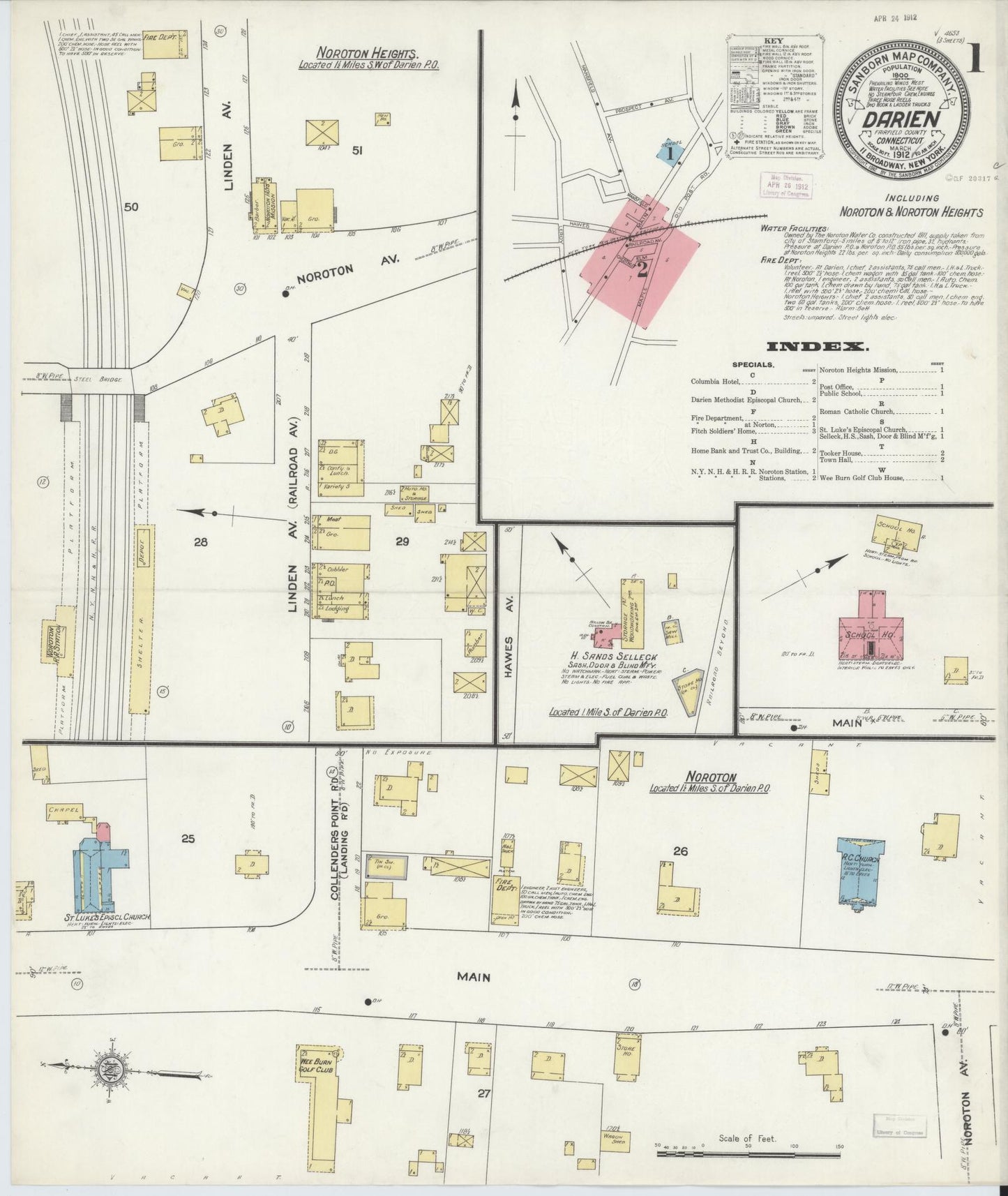 Sanborn Fire Insurance Map from Darien, Fairfield County, Connecticut (1912), Sheet #0001 - Complete Map Set gallery image, historic Sanborn map, vintage wall art, Connecticut Connecticut