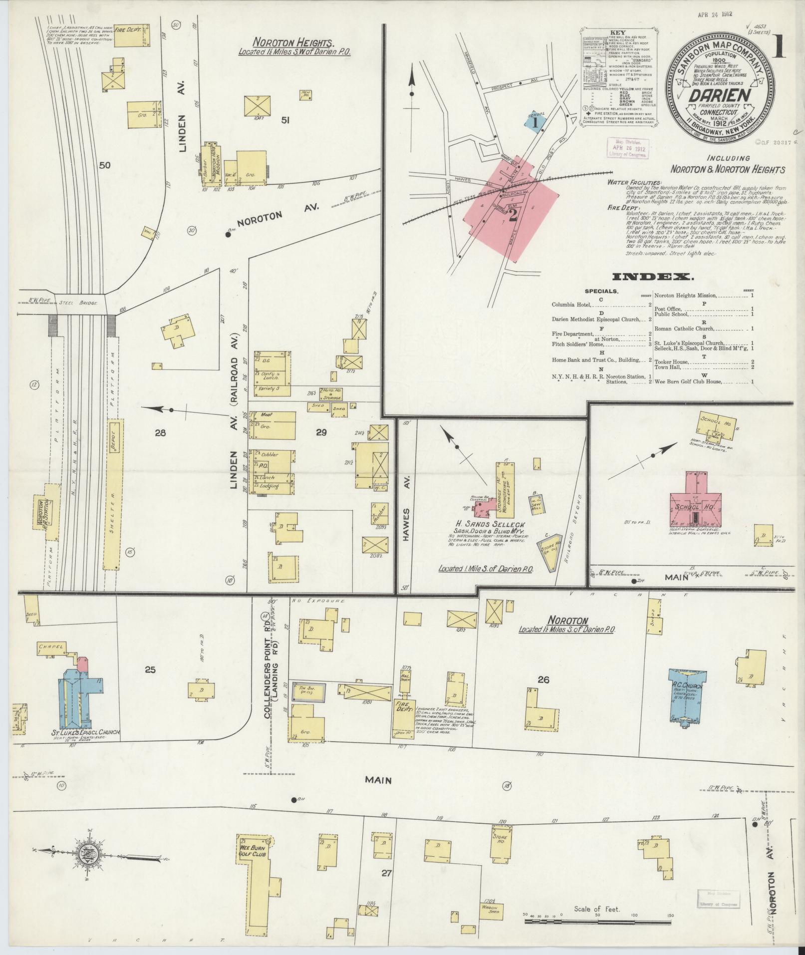 Sanborn Fire Insurance Map from Darien, Fairfield County, Connecticut (1912), Sheet #0001 - Complete Map Set gallery image, historic Sanborn map, vintage wall art, Connecticut Connecticut