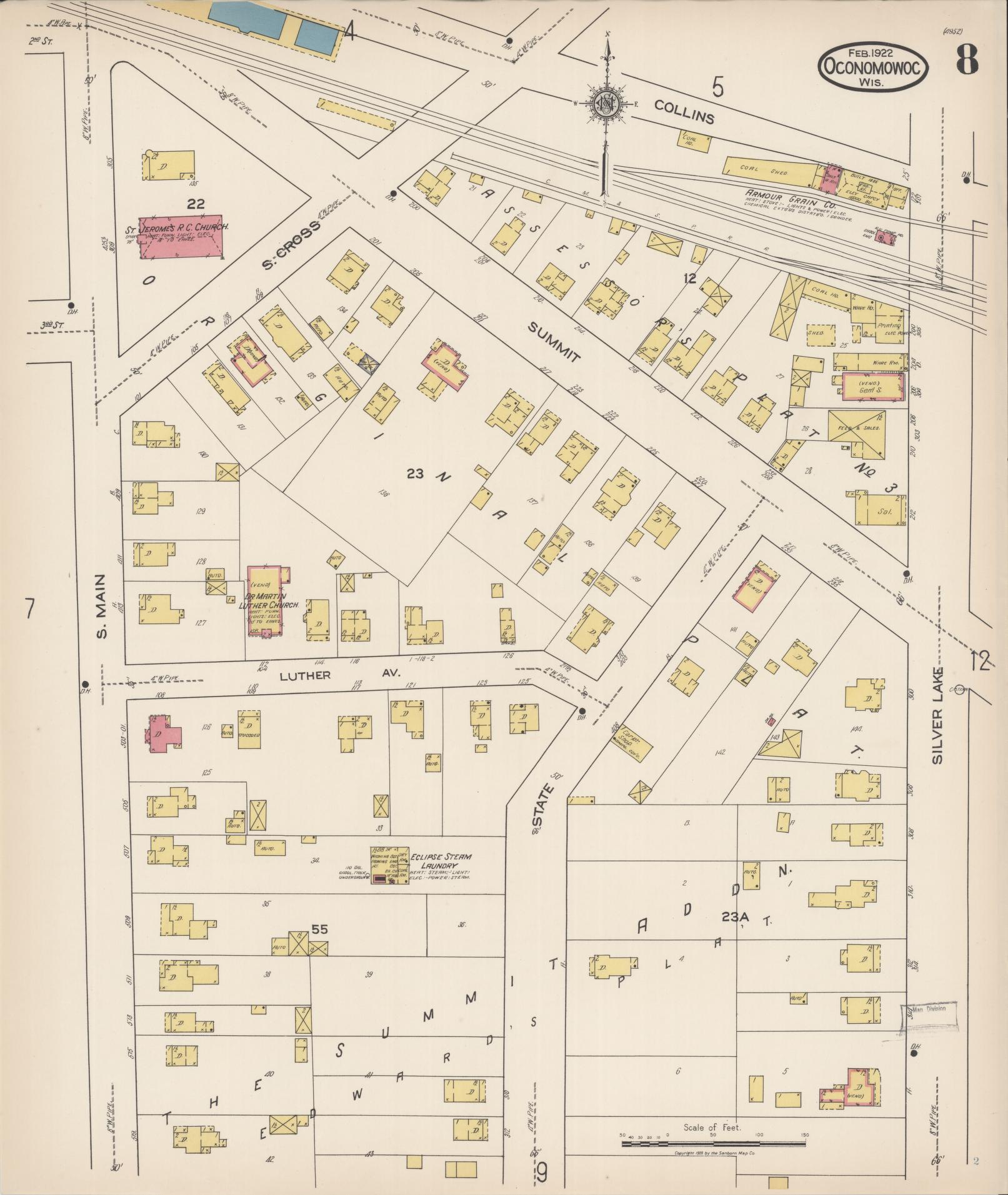 Sanborn Fire Insurance Map from Oconomowoc, Waukesha County, Wisconsin (1922), Sheet #0008 - Historic Sanborn Fire Insurance Map Print, vintage old map wall art, antique decor, genealogy gift, Wisconsin Wisconsin map