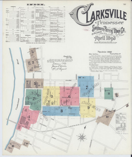 Sanborn Fire Insurance Map from Clarksville, Montgomery County, Tennessee (1893), Sheet #0001 - Historic Sanborn Fire Insurance Map Print, vintage old map wall art, antique decor, genealogy gift, Tennessee Tennessee map