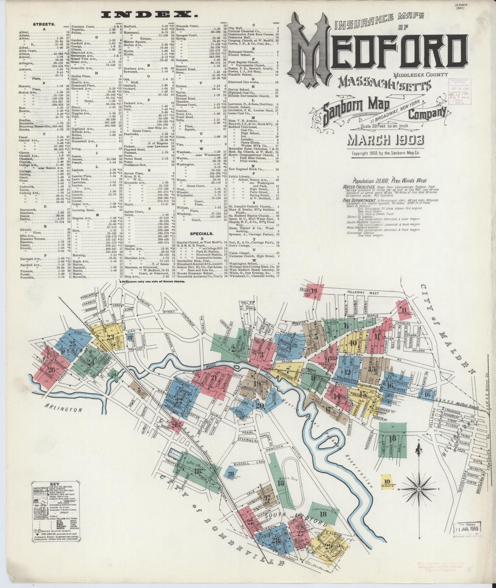 Sanborn Fire Insurance Map from Medford, Middlesex County, Massachusetts (1903), Sheet #0001 - Historic Sanborn Fire Insurance Map Print, vintage old map wall art, antique decor, genealogy gift, Massachusetts Massachusetts map