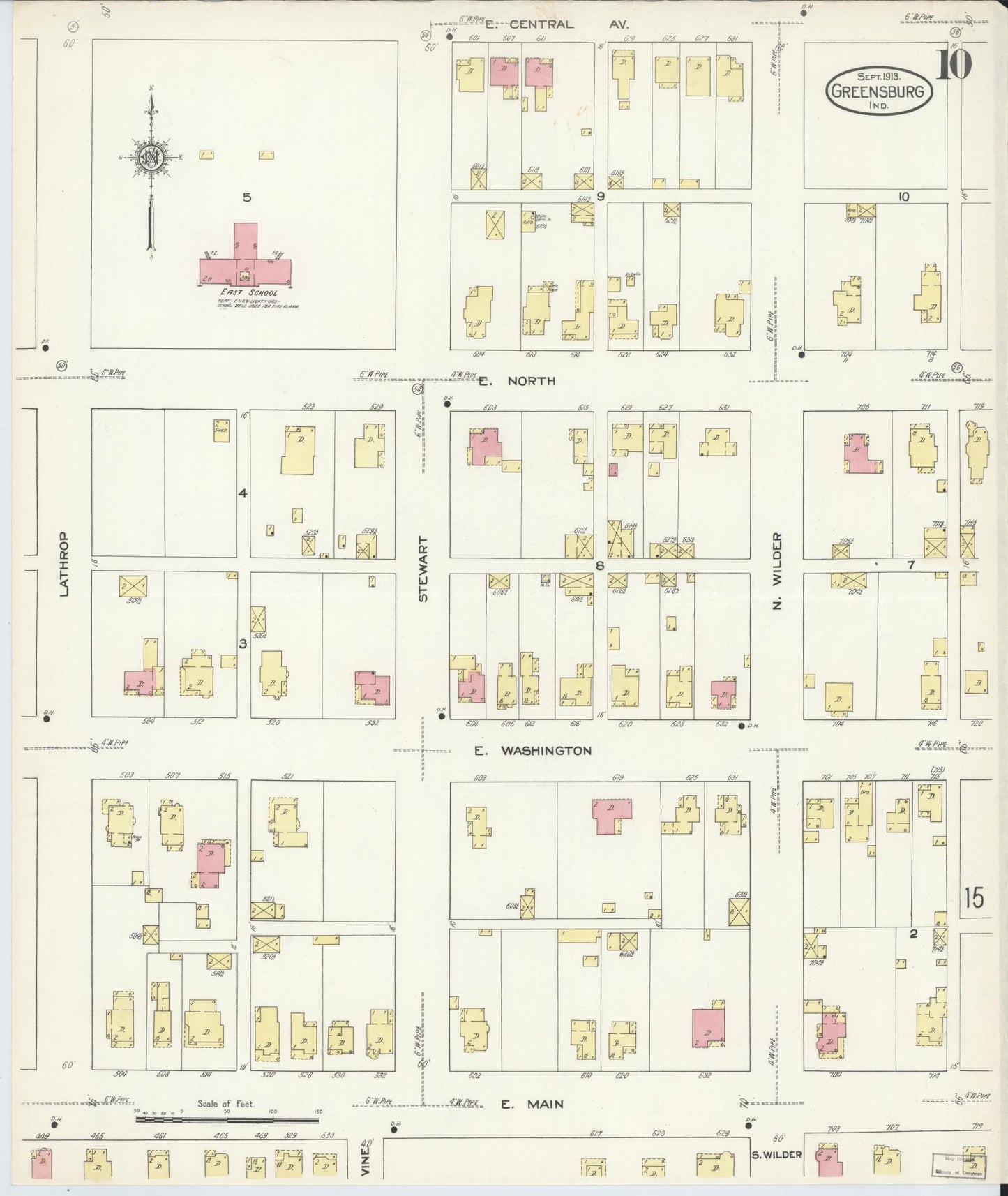Sanborn Fire Insurance Map from Greensburg, Decatur County, Indiana (1913), Sheet #0010 - Historic Sanborn Fire Insurance Map Print, vintage old map wall art, antique decor, genealogy gift, Indiana Indiana map