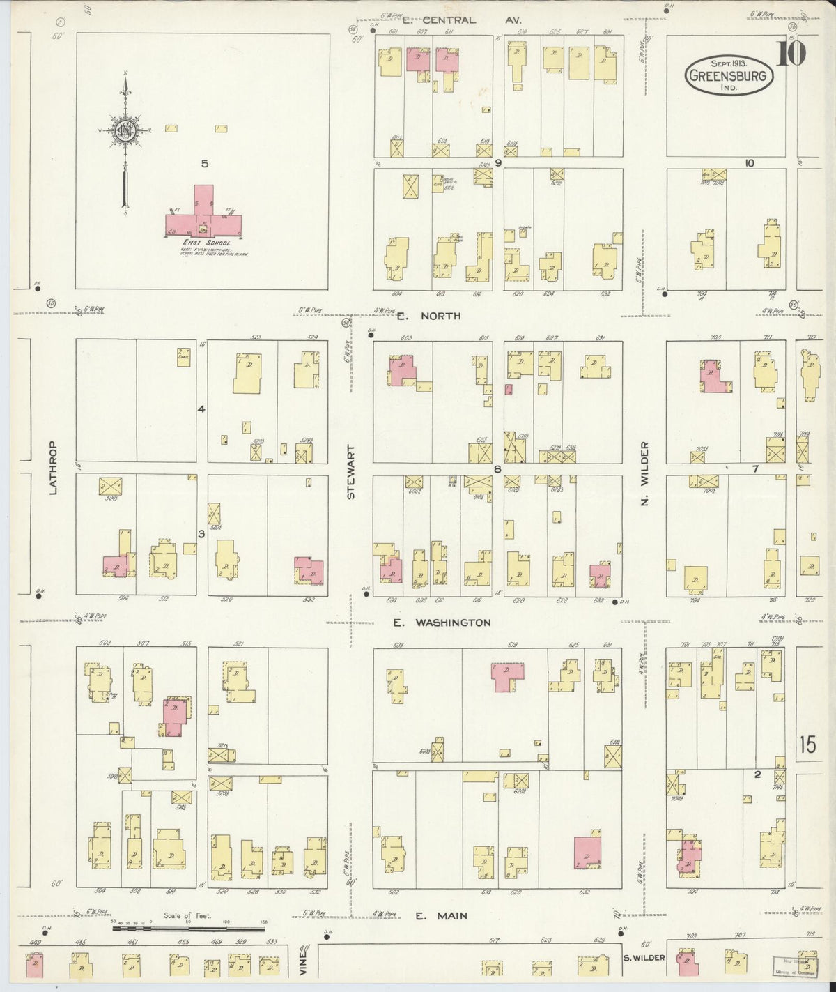 Sanborn Fire Insurance Map from Greensburg, Decatur County, Indiana (1913), Sheet #0010 - Historic Sanborn Fire Insurance Map Print, vintage old map wall art, antique decor, genealogy gift, Indiana Indiana map