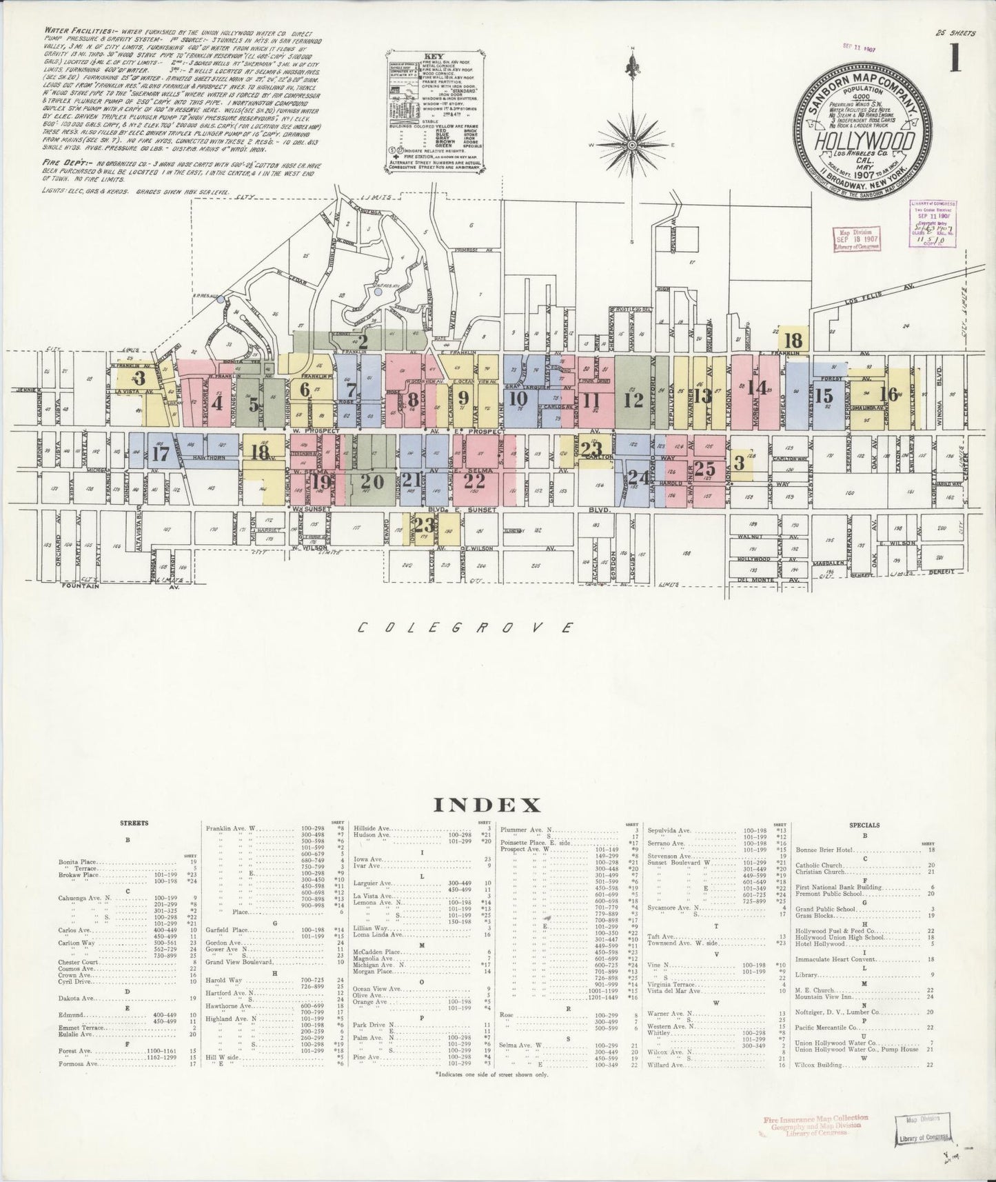 Sanborn Fire Insurance Map from Hollywood, Los Angeles County, California (1907), Sheet #0001 - Complete Map Set gallery image, historic Sanborn map, vintage wall art, California California