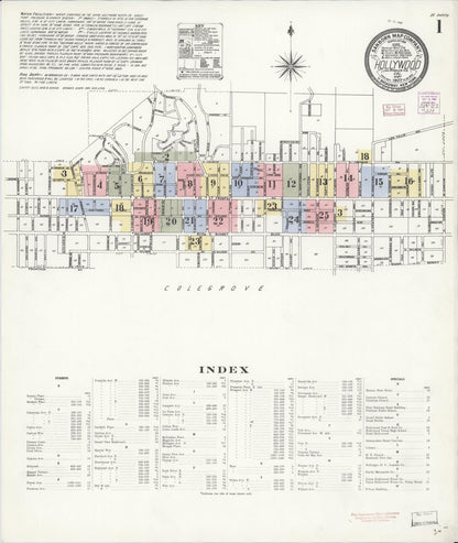 Sanborn Fire Insurance Map from Hollywood, Los Angeles County, California (1907), Sheet #0001 - Complete Map Set gallery image, historic Sanborn map, vintage wall art, California California