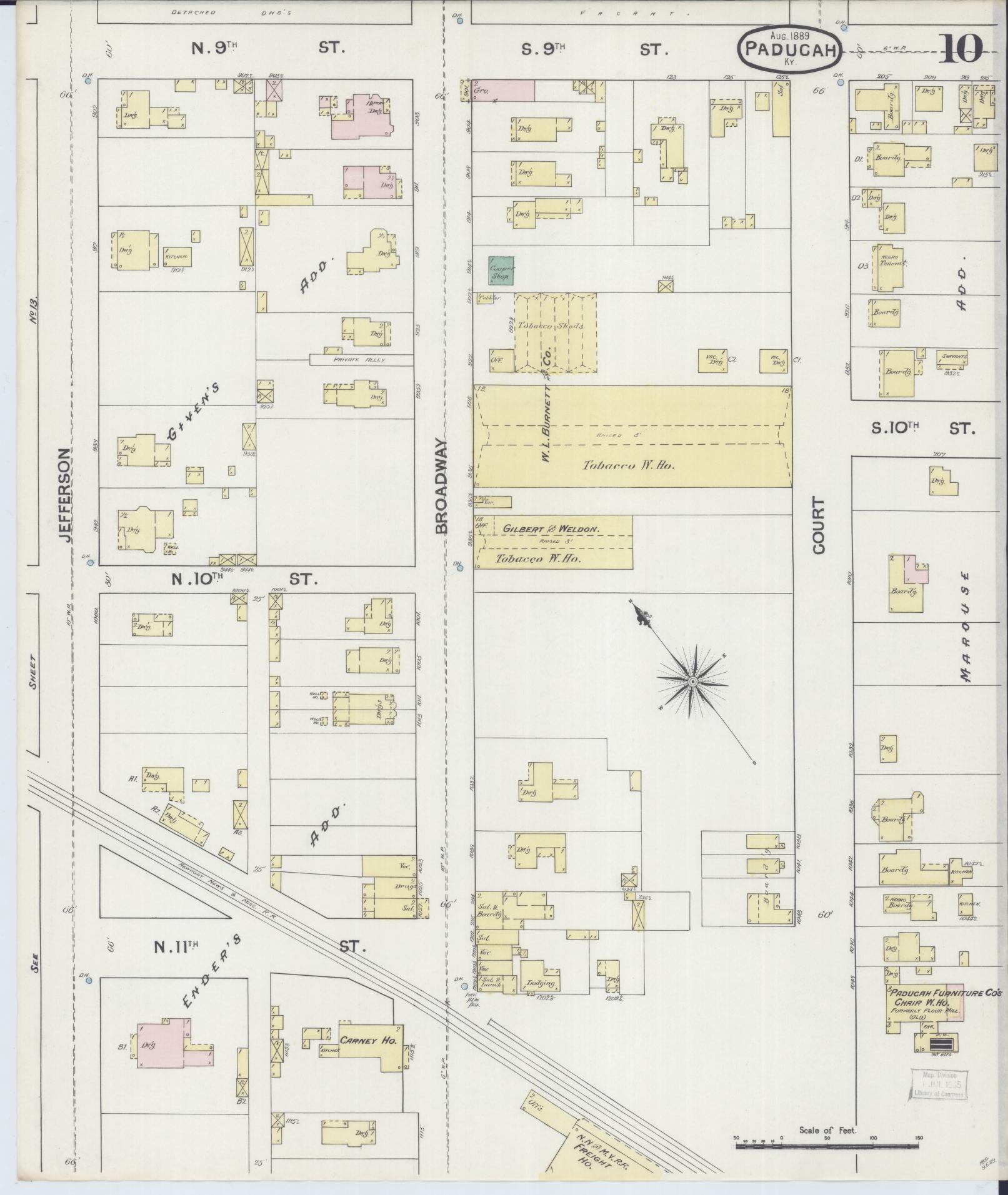 Sanborn Fire Insurance Map from Paducah, Mccraken County, Kentucky (1889), Sheet #0010 - Historic Sanborn Fire Insurance Map Print, vintage old map wall art, antique decor, genealogy gift, Kentucky Kentucky map