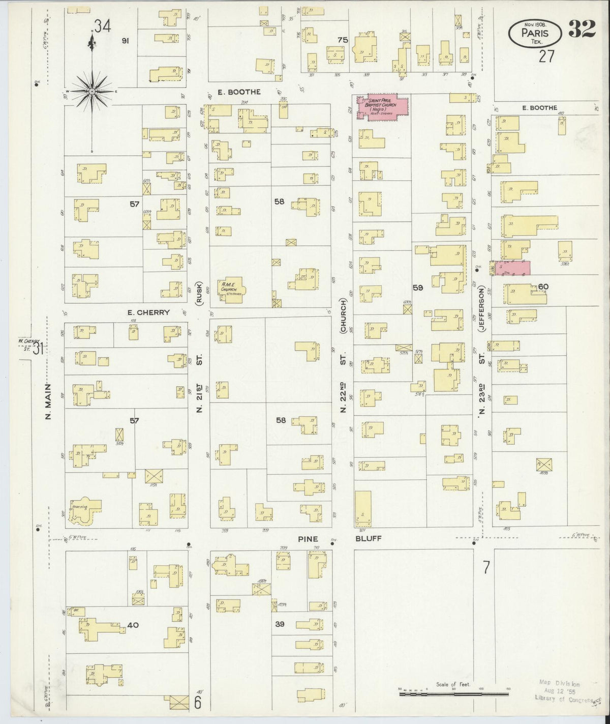 Sanborn Fire Insurance Map from Paris, Lamar County, Texas (1908), Sheet #0032 - Historic Sanborn Fire Insurance Map Print, vintage old map wall art, antique decor, genealogy gift, Texas Texas map