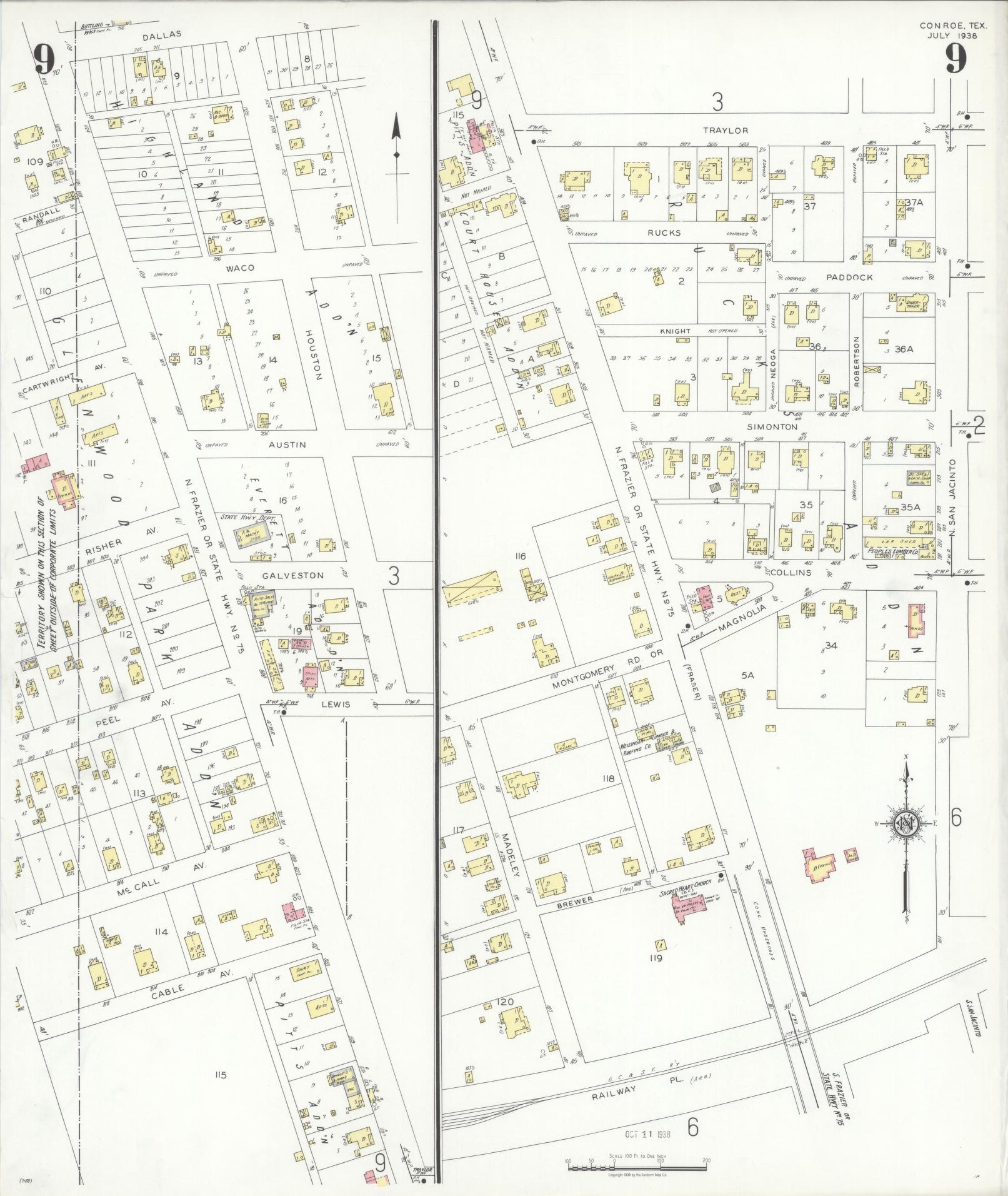Sanborn Fire Insurance Map from Conroe, Montgomery County, Texas (1938), Sheet #0009 - Complete Map Set gallery image, historic Sanborn map, vintage wall art, Texas Texas