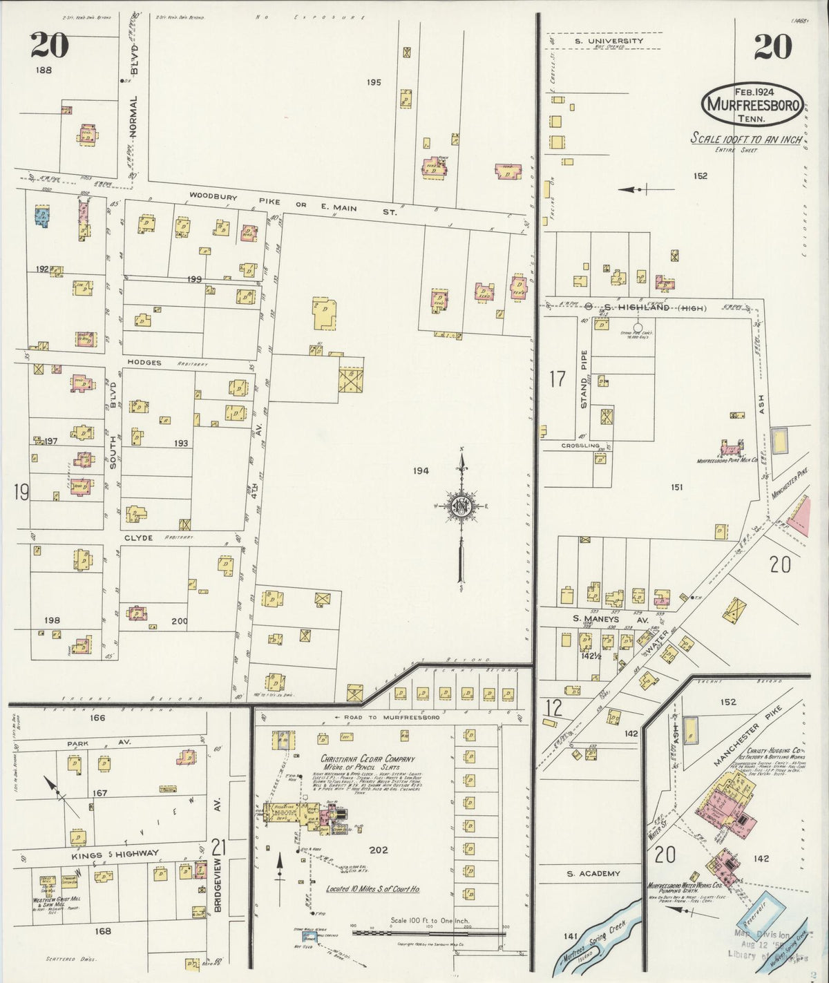 Sanborn Fire Insurance Map from Murfreesboro, Rutherford County, Tennessee (1924), Sheet #0020 - Complete Map Set gallery image, historic Sanborn map, vintage wall art, Tennessee Tennessee
