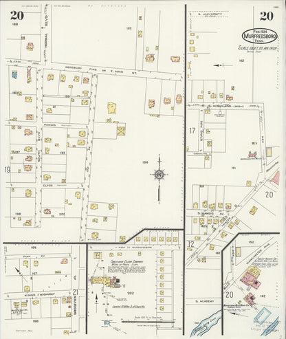 Sanborn Fire Insurance Map from Murfreesboro, Rutherford County, Tennessee (1924), Sheet #0020 - Complete Map Set gallery image, historic Sanborn map, vintage wall art, Tennessee Tennessee
