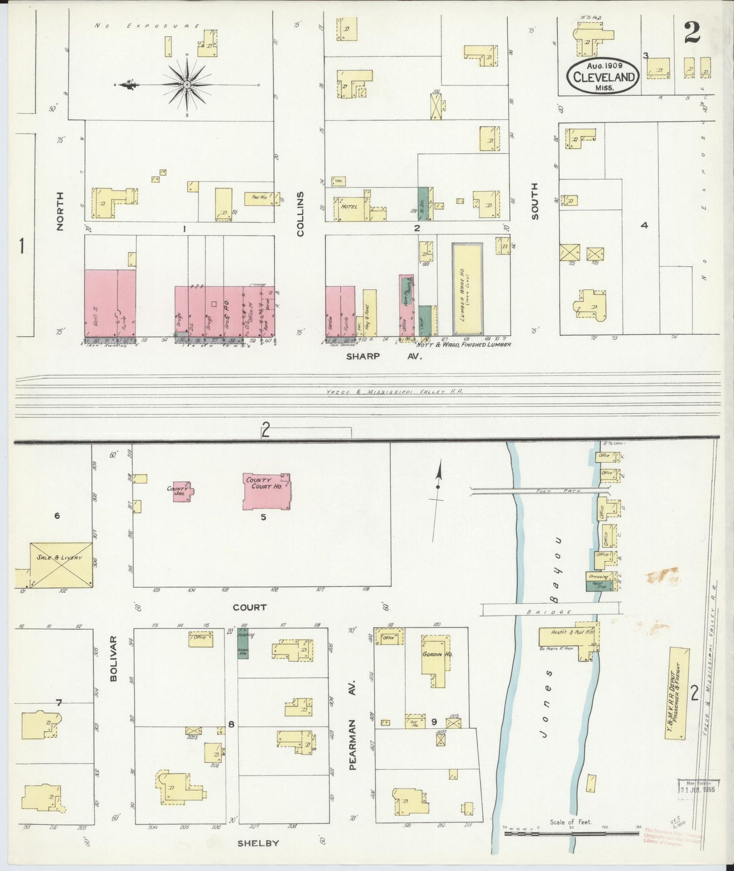 Sanborn Fire Insurance Map from Cleveland, Bolivar County, Mississippi (1909), Sheet #0002 - Complete Map Set gallery image, historic Sanborn map, vintage wall art, Mississippi Mississippi