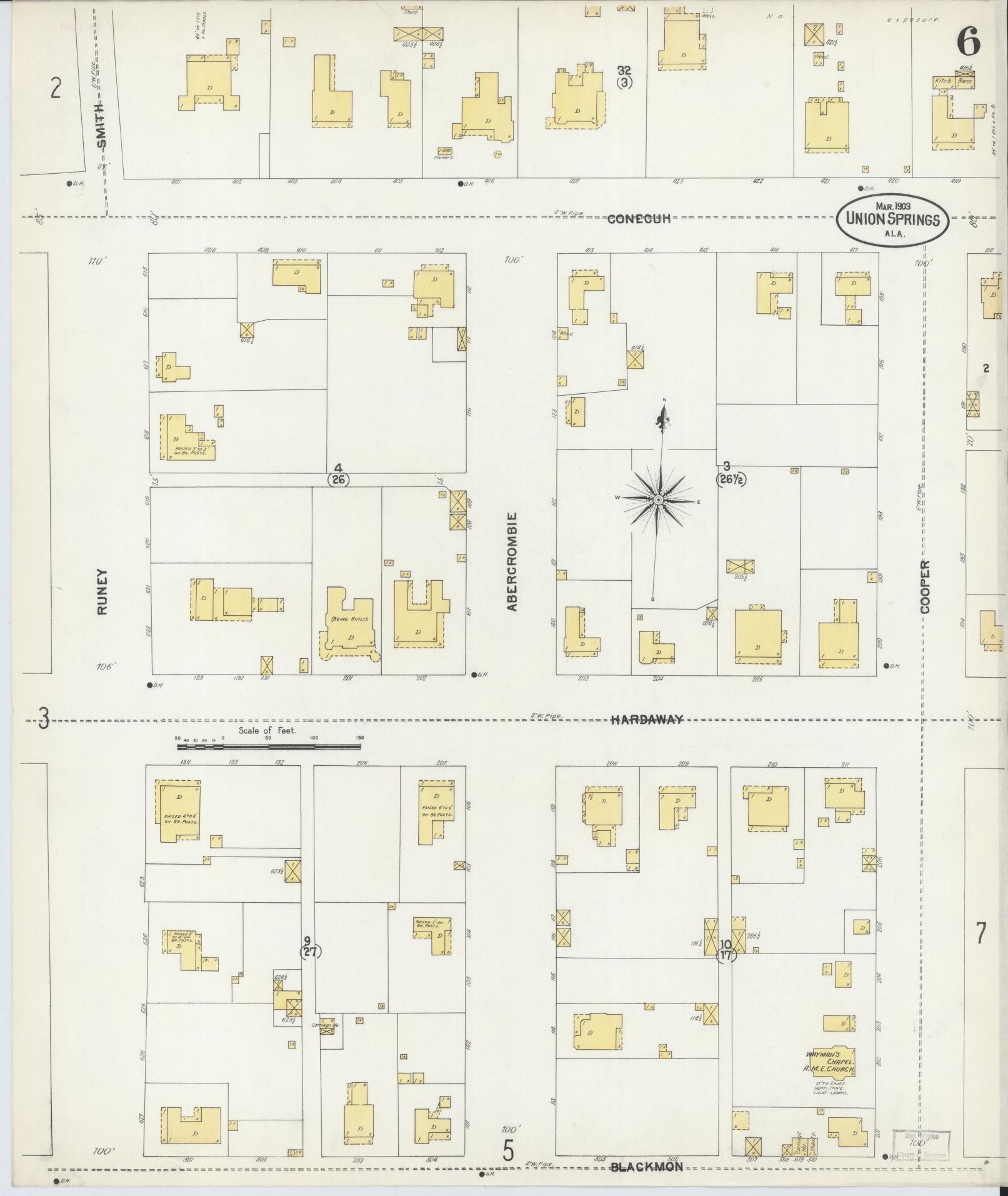 Sanborn Fire Insurance Map from Union Springs, Bullock County, Alabama (1903), Sheet #0006 - Historic Sanborn Fire Insurance Map Print, vintage old map wall art, antique decor, genealogy gift, Alabama Alabama map
