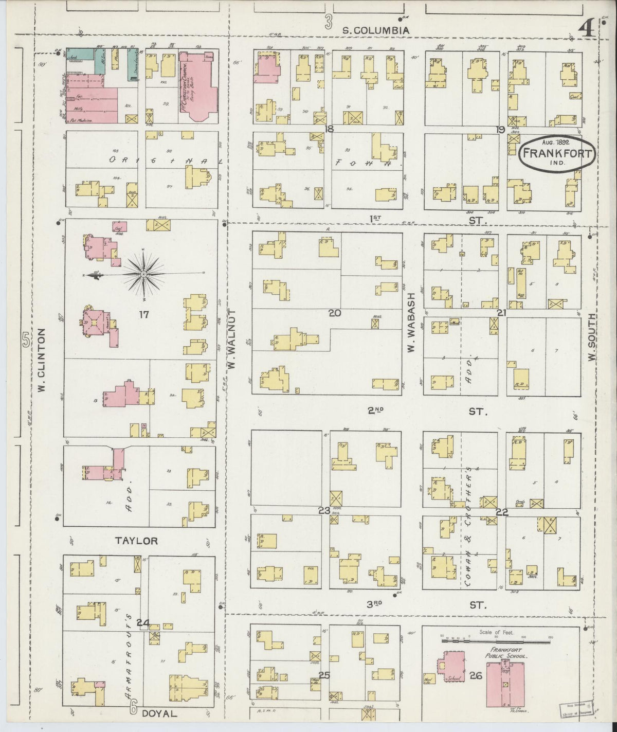 Sanborn Fire Insurance Map from Frankfort, Clinton County, Indiana (1892), Sheet #0004 - Historic Sanborn Fire Insurance Map Print, vintage old map wall art, antique decor, genealogy gift, Indiana Indiana map