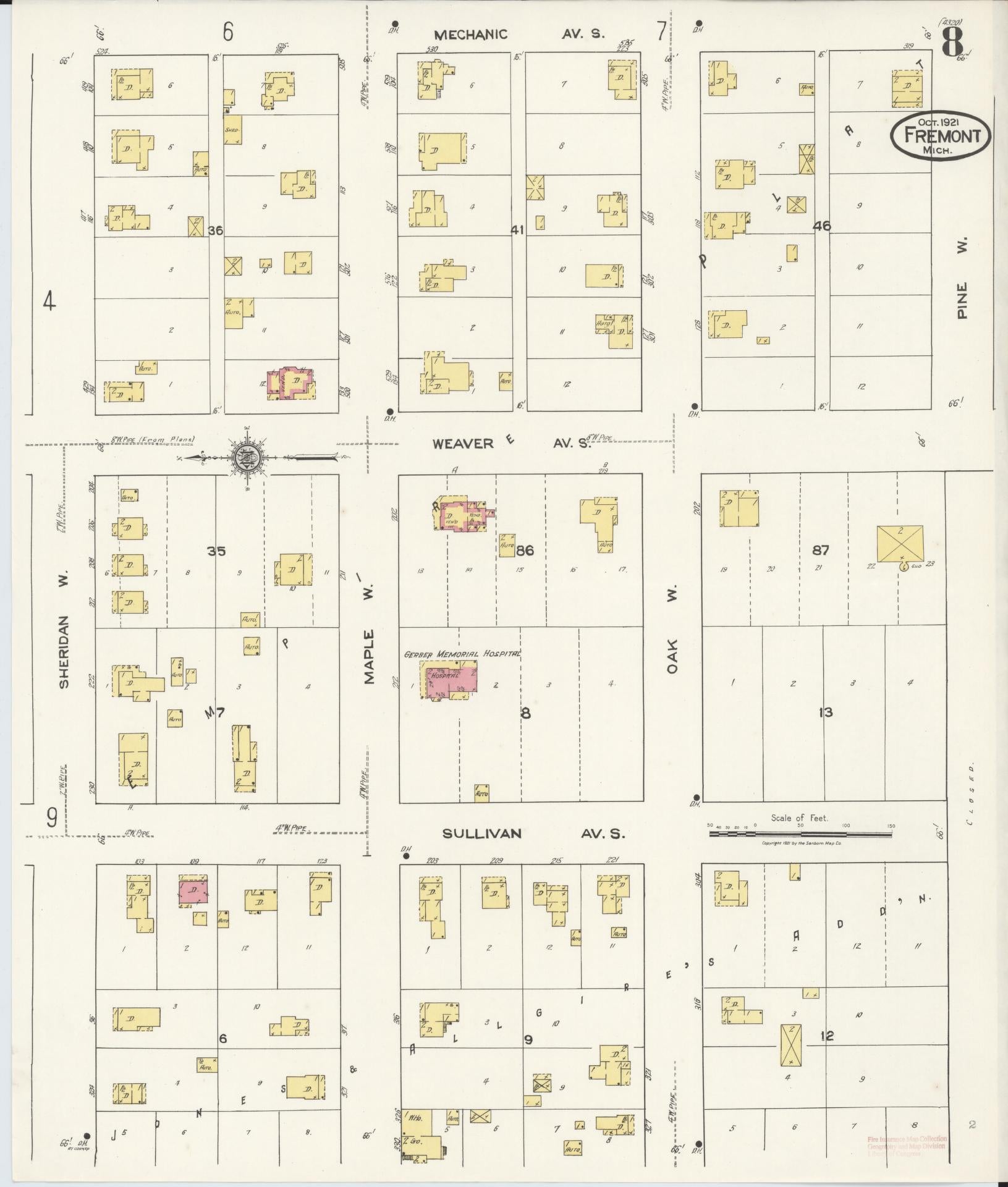 Sanborn Fire Insurance Map from Fremont, Newaygo County, Michigan (1921), Sheet #0008 - Complete Map Set gallery image, historic Sanborn map, vintage wall art, Michigan Michigan