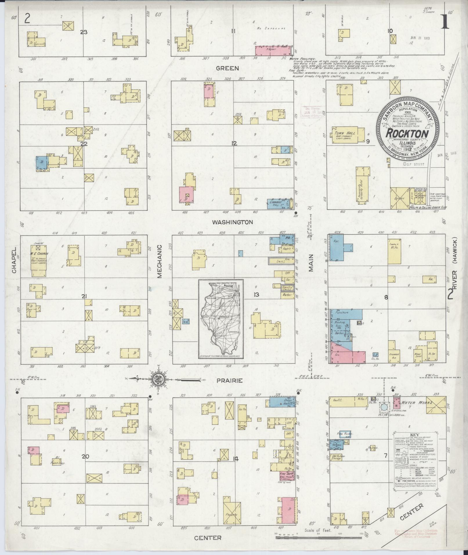 Sanborn Fire Insurance Map from Rockton, Winnebago County, Illinois (1912), Sheet #0001 - Complete Map Set gallery image, historic Sanborn map, vintage wall art, Illinois Illinois