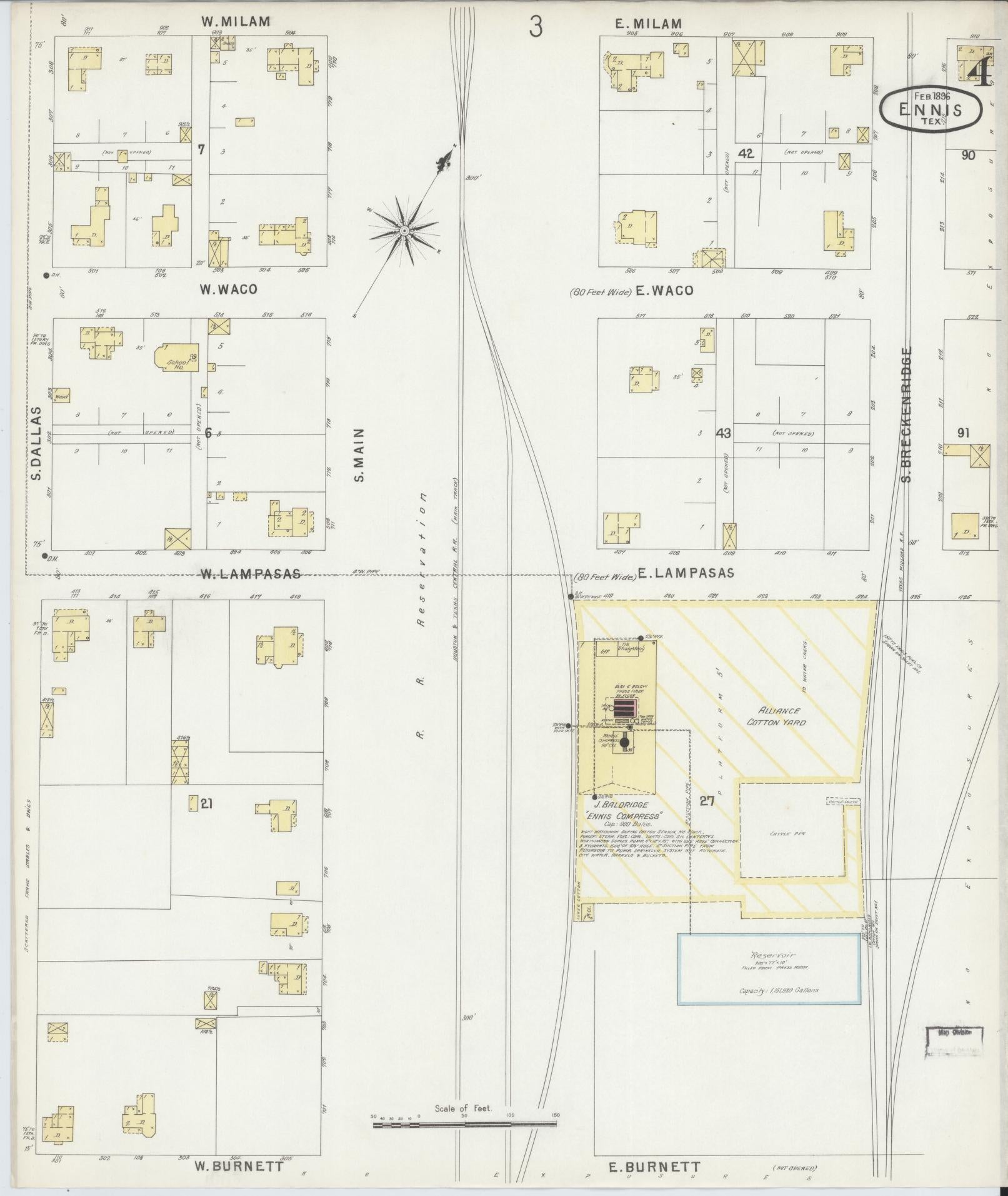 Sanborn Fire Insurance Map from Ennis, Ellis County, Texas (1896), Sheet #0004 - Historic Sanborn Fire Insurance Map Print, vintage old map wall art, antique decor, genealogy gift, Texas Texas map