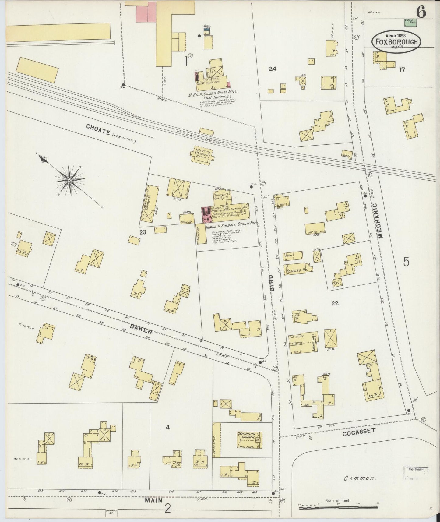 Sanborn Fire Insurance Map from Foxboro, Norfolk County, Massachusetts (1898), Sheet #0006 - Historic Sanborn Fire Insurance Map Print, vintage old map wall art, antique decor, genealogy gift, Massachusetts Massachusetts map
