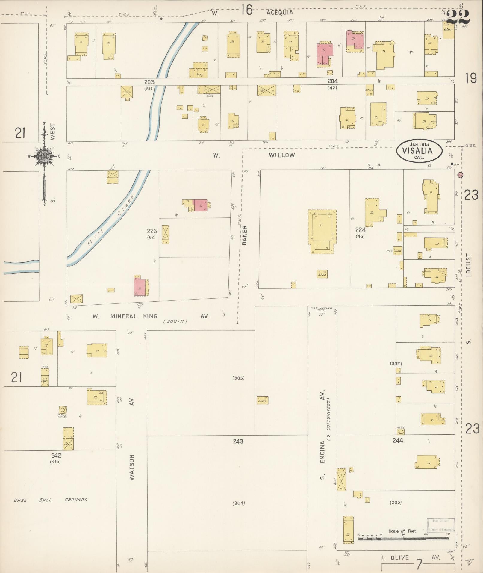 Sanborn Fire Insurance Map from Visalia, Tulare County, California (1913), Sheet #0022 - Complete Map Set gallery image, historic Sanborn map, vintage wall art, California California