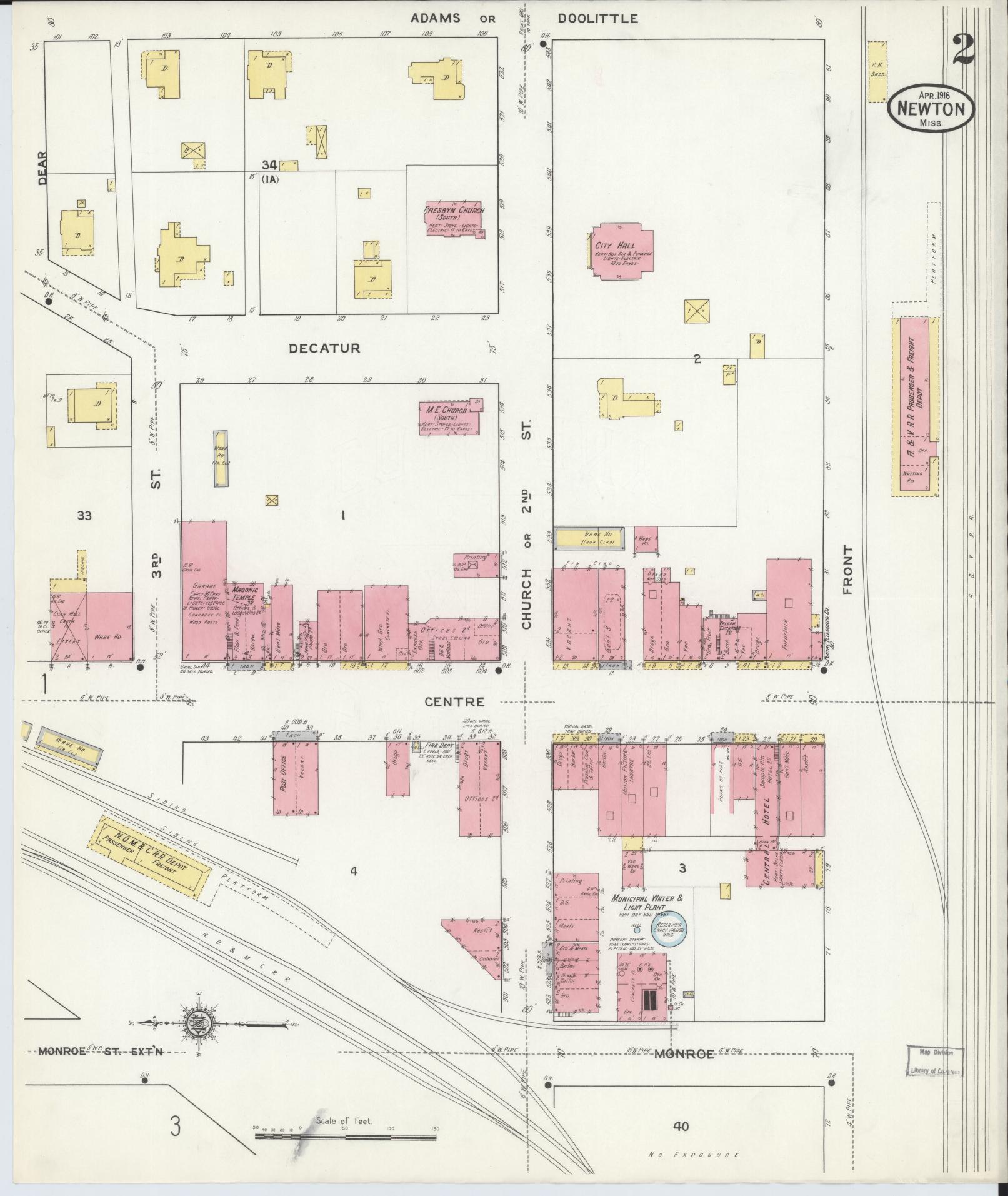 Sanborn Fire Insurance Map from Newton, Newton County, Mississippi (1916), Sheet #0002 - Complete Map Set gallery image, historic Sanborn map, vintage wall art, Mississippi Mississippi