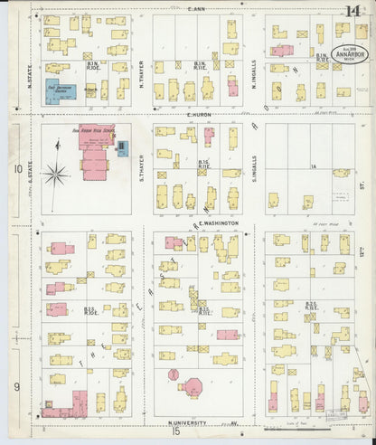 Sanborn Fire Insurance Map from Ann Arbor, Washtenaw County, Michigan (1899), Sheet #0014 - Complete Map Set gallery image, historic Sanborn map, vintage wall art, Michigan Michigan